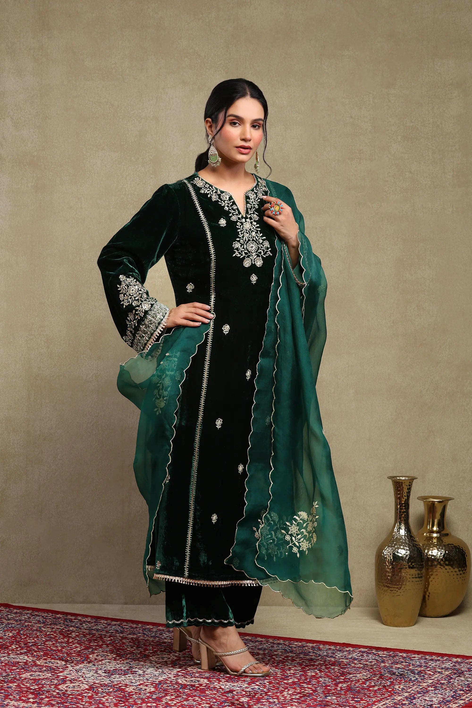 Leena Forest Green Embroidered Silk Velvet Handcrafted Kurta Set
