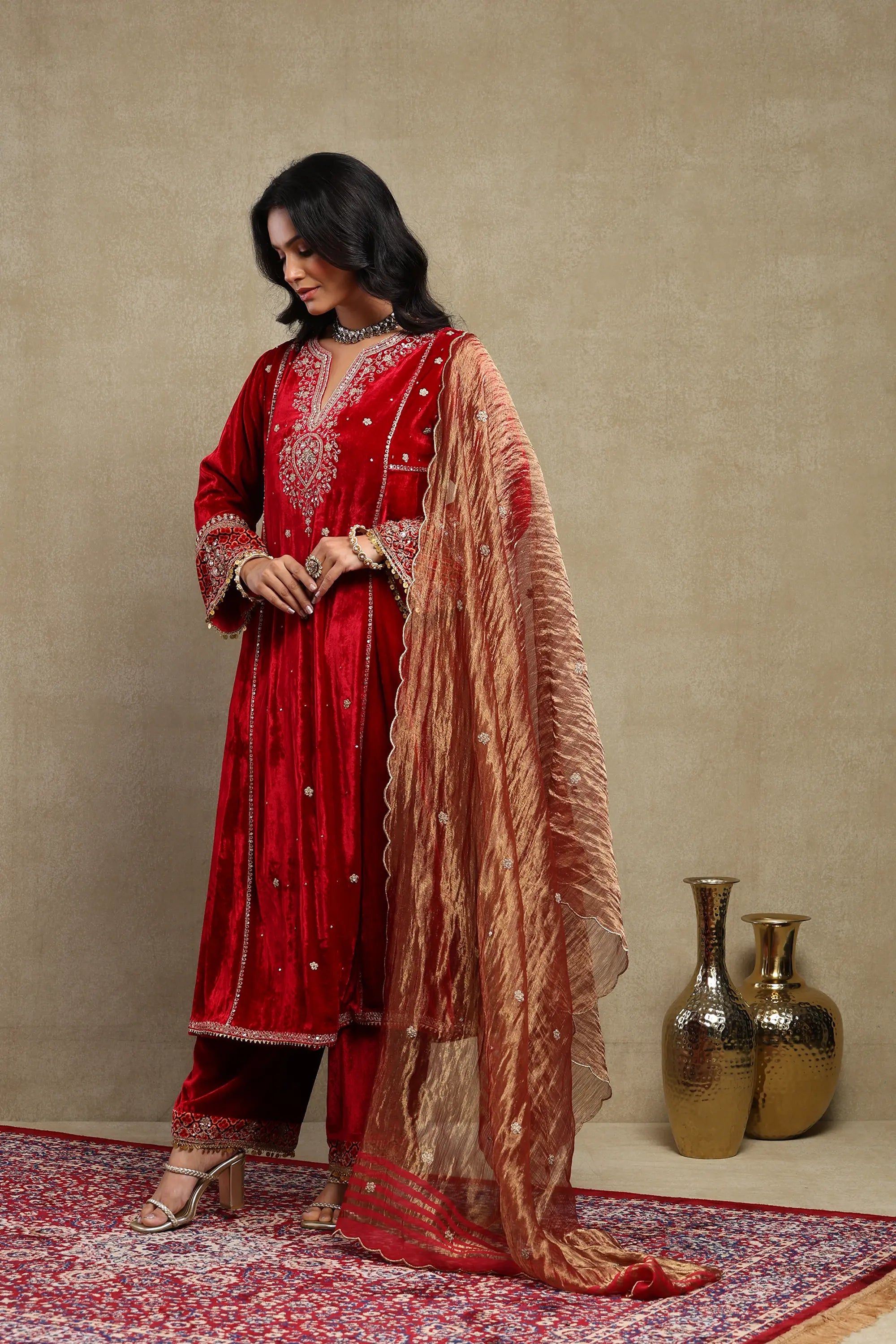 Sahira Cherry Red Embroidered Silk Velvet A-Line Kurta Set