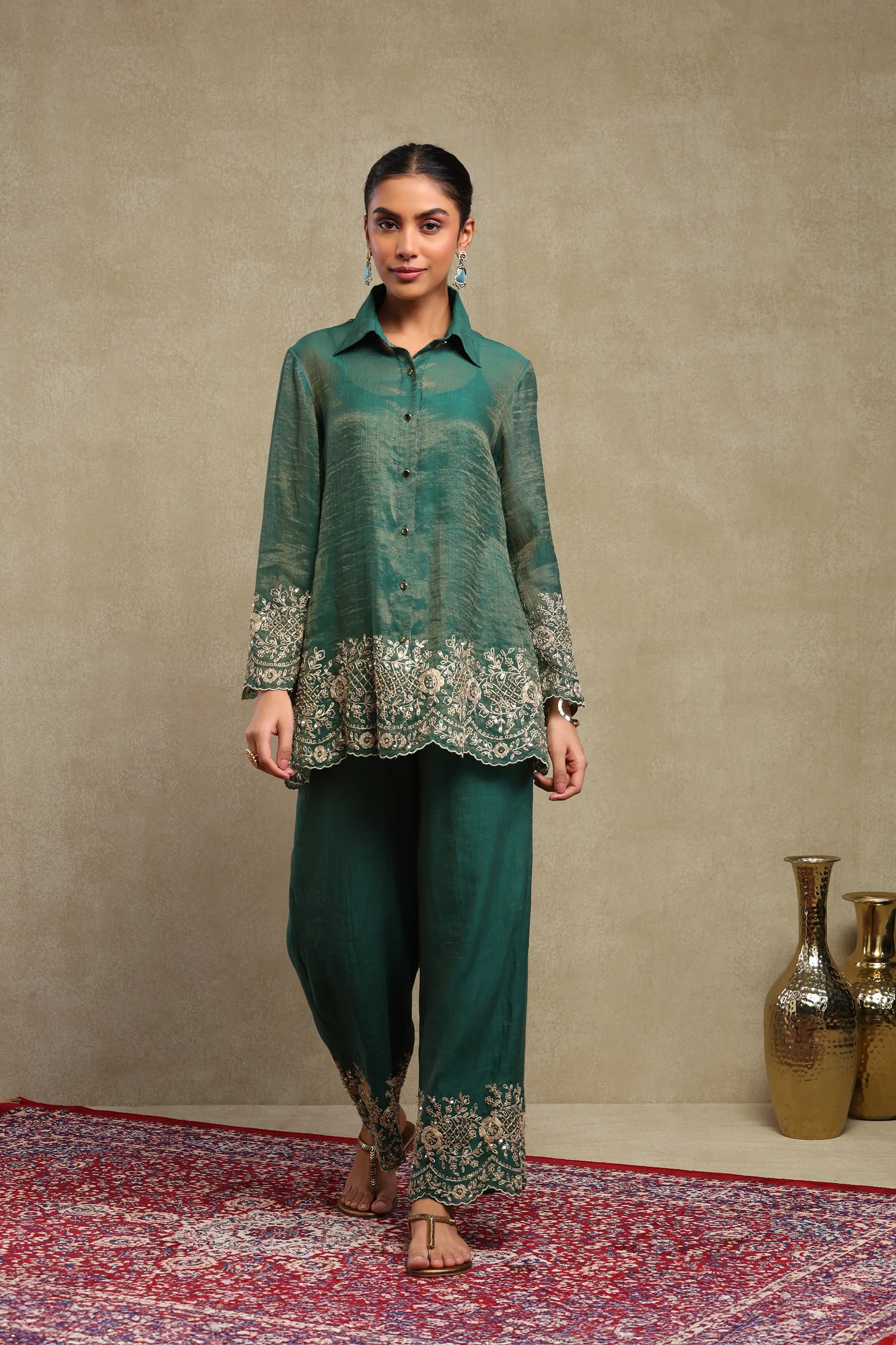 Aadya Emerald Green Hand Embroidered Tissue Chanderi Co-Ord Set
