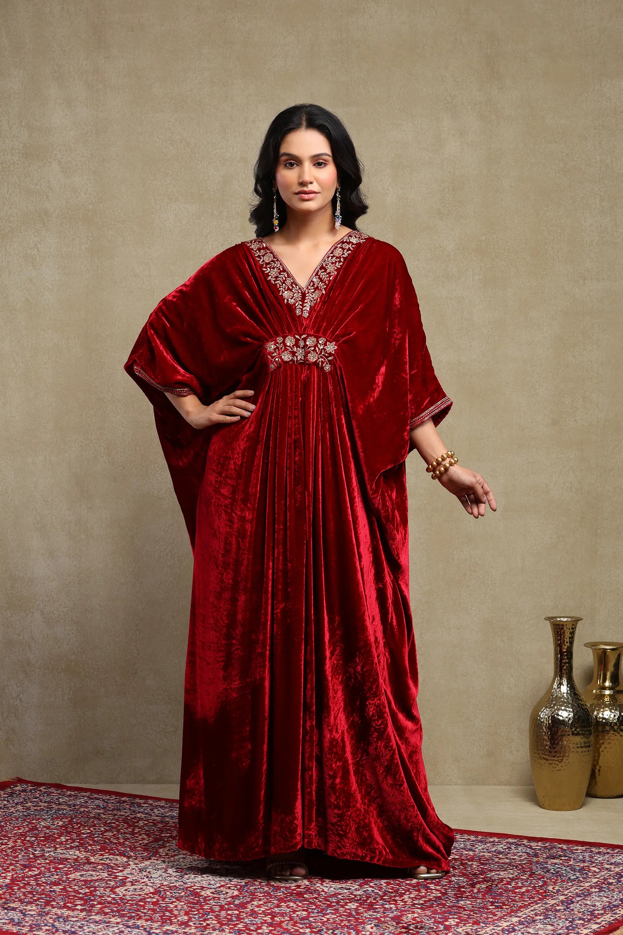 Gulzar Cherry Red Silk Velvet Handcrafted Kaftan