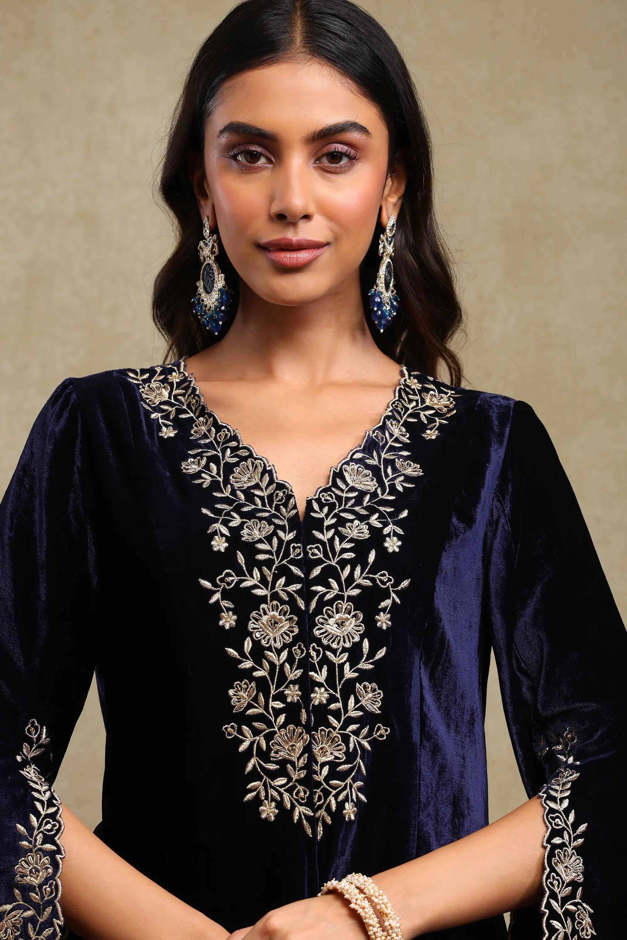 Maisha Navy Blue Hand Embroidered Silk Velvet Co-Ord Set