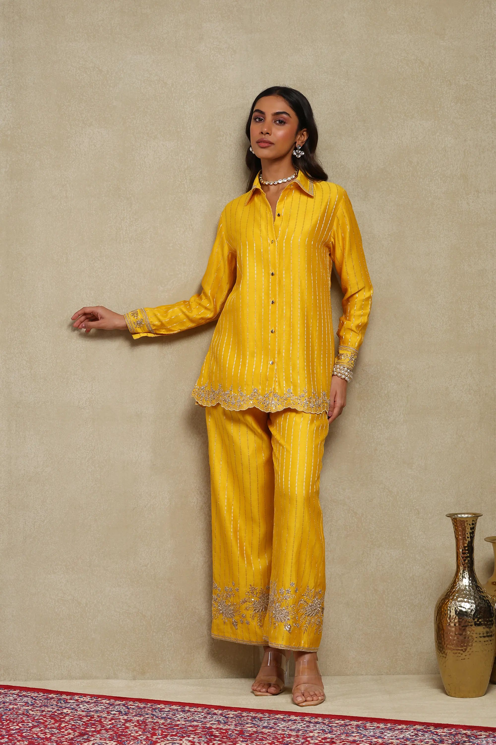 Aarvi Mango Yellow Hand Embroidered Banarasi Zari Co-Ord Set