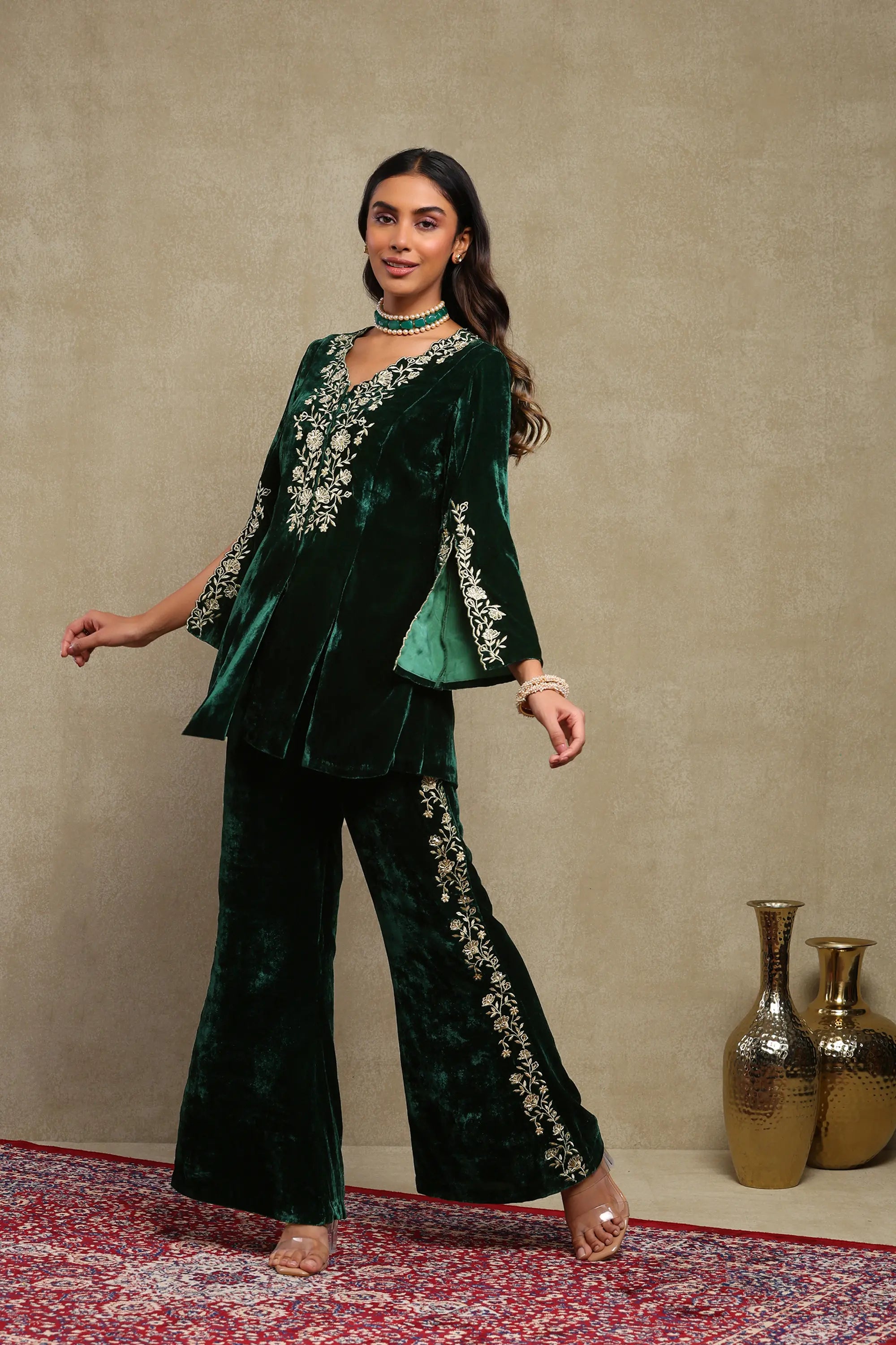 Maisha Forest Green Hand Embroidered Silk Velvet Co-Ord Set