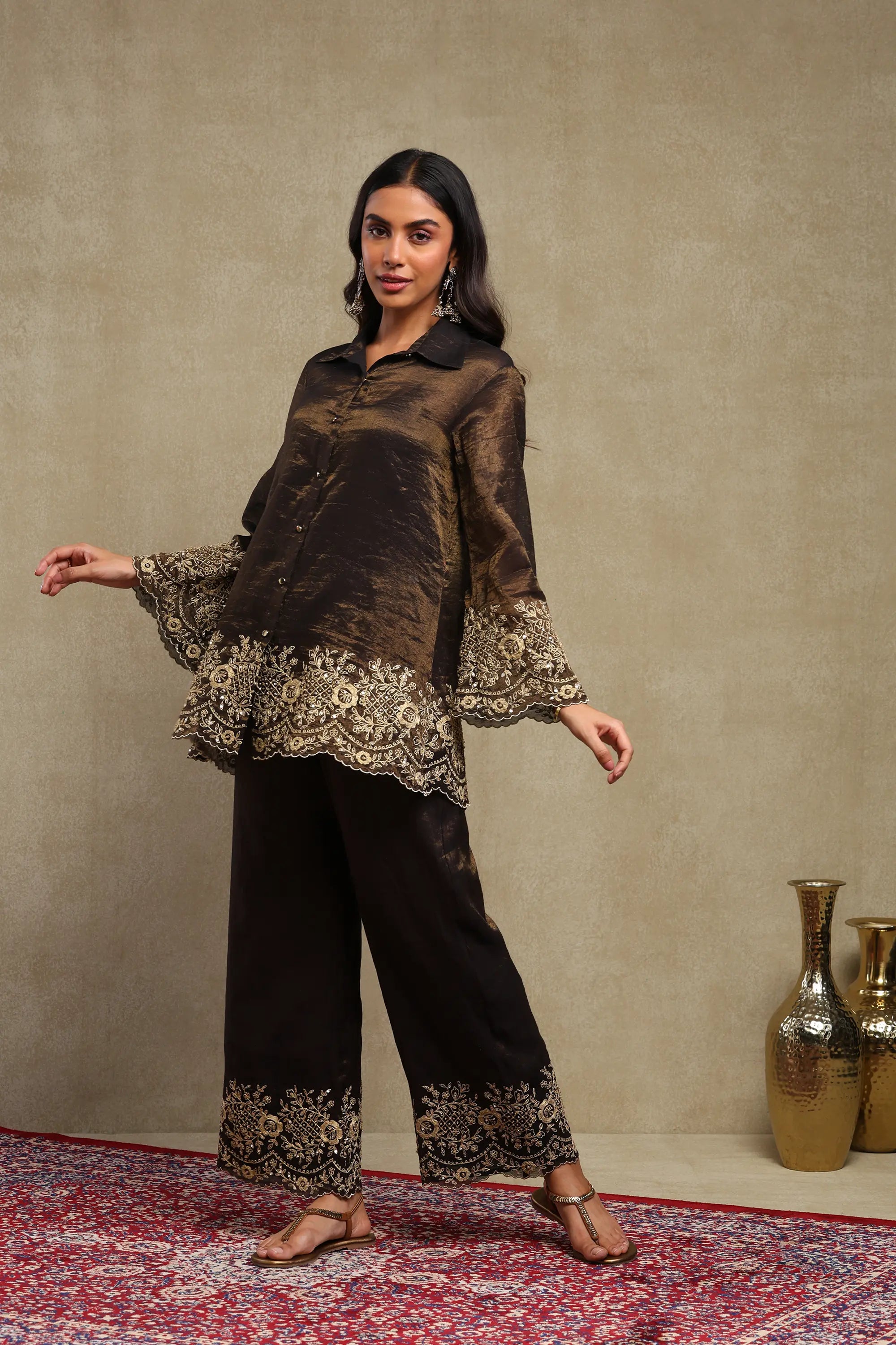 Aadya Black Hand Embroidered Tissue Chanderi Co-Ord Set