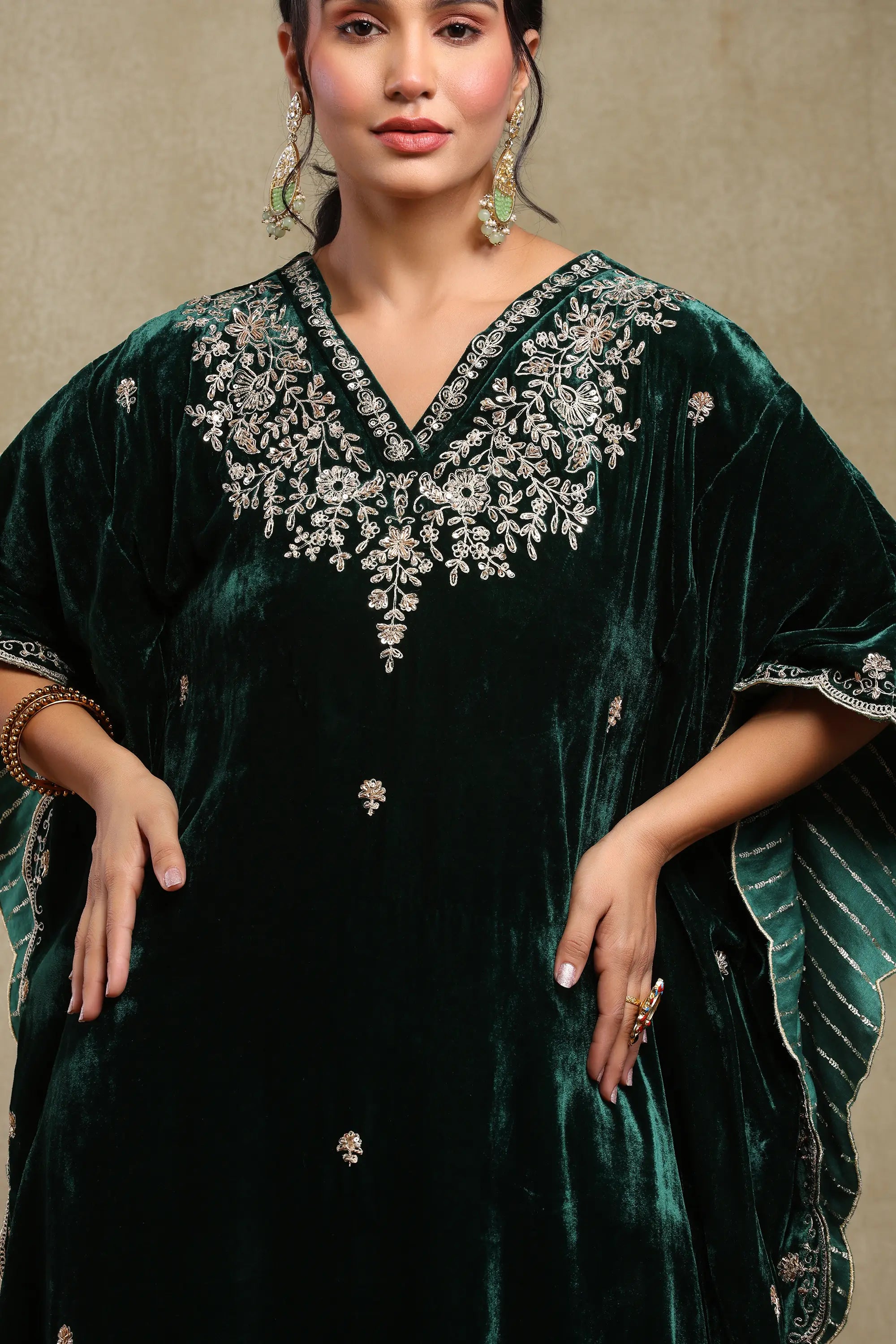 Zainab Forest Green Embroidered Silk Velvet Kaftan Set