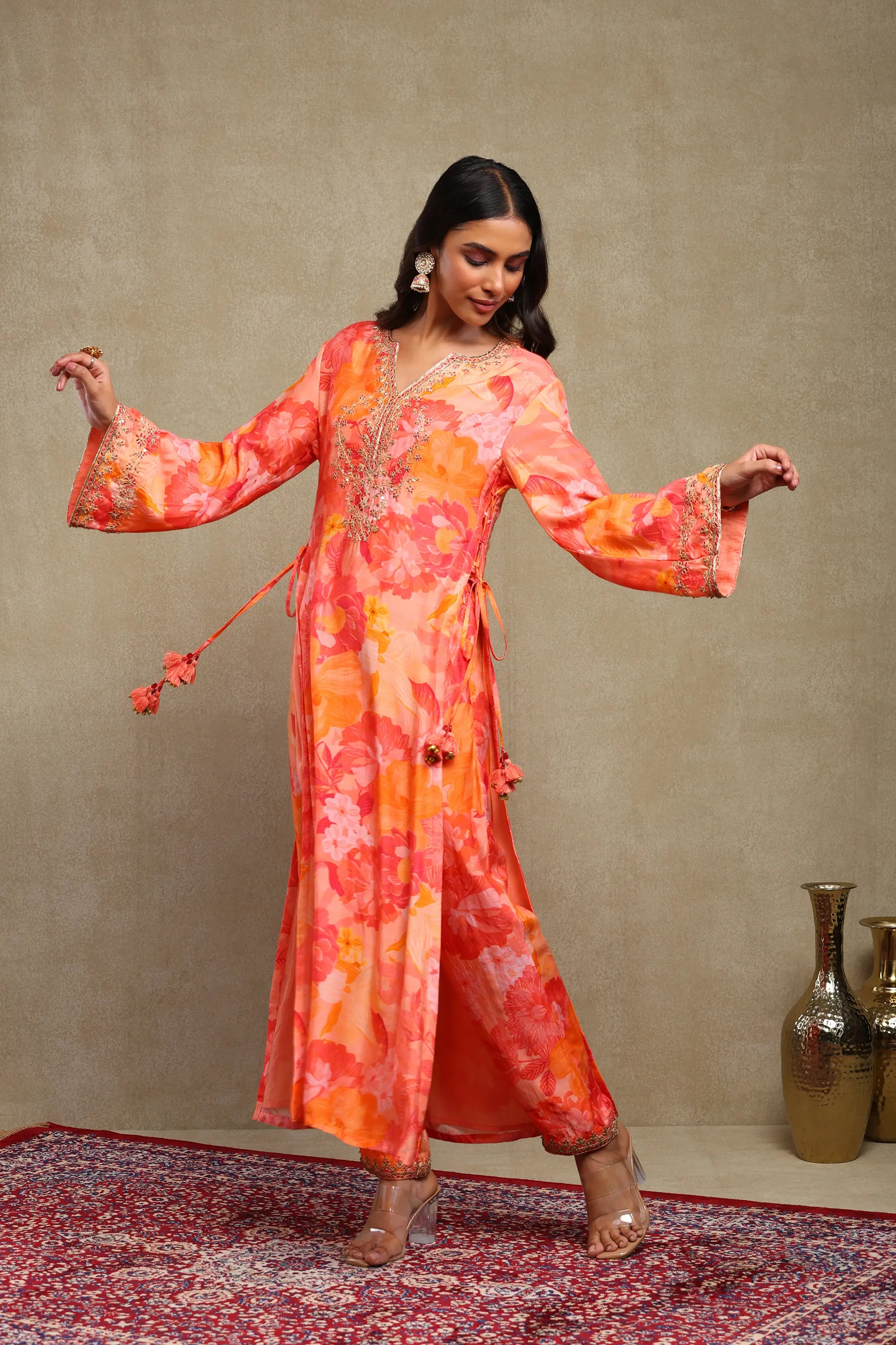 Lily Red & Orange Floral Printed Hand Embroidered Silky Modal Kaftan Set