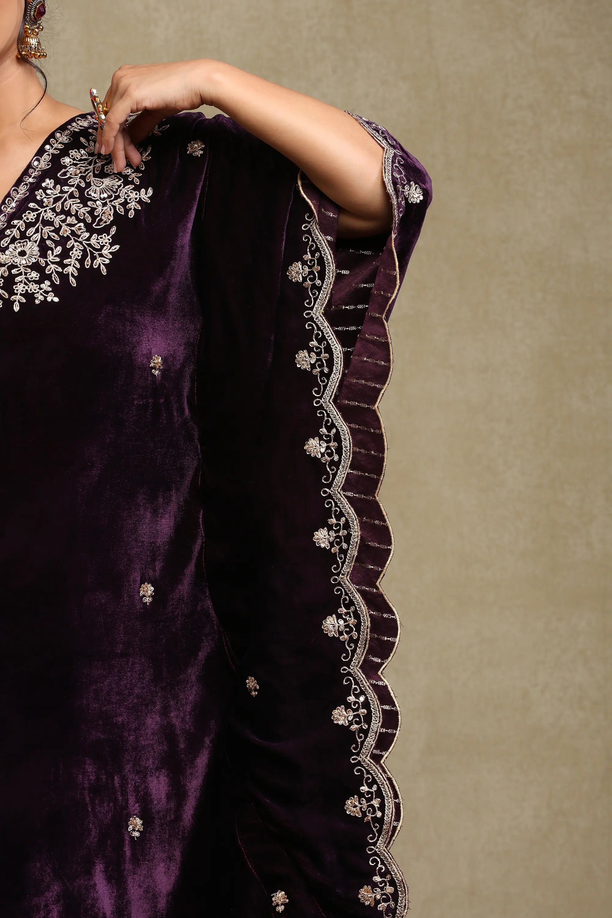 Zainab Purple Embroidered Silk Velvet Kaftan Set (READY TO SHIP)