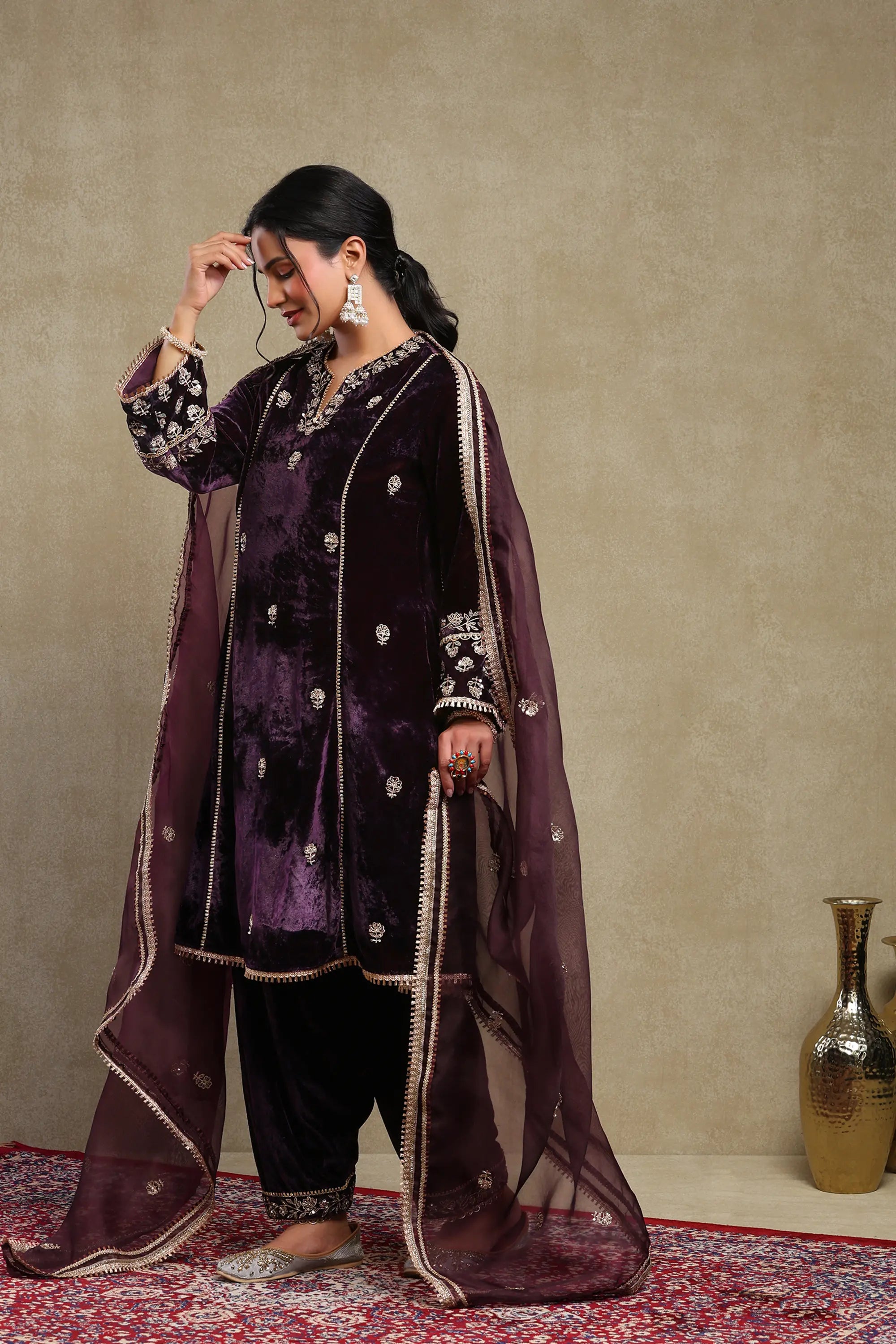 Raabta Purple Embroidered Silk Velvet Kurta Set