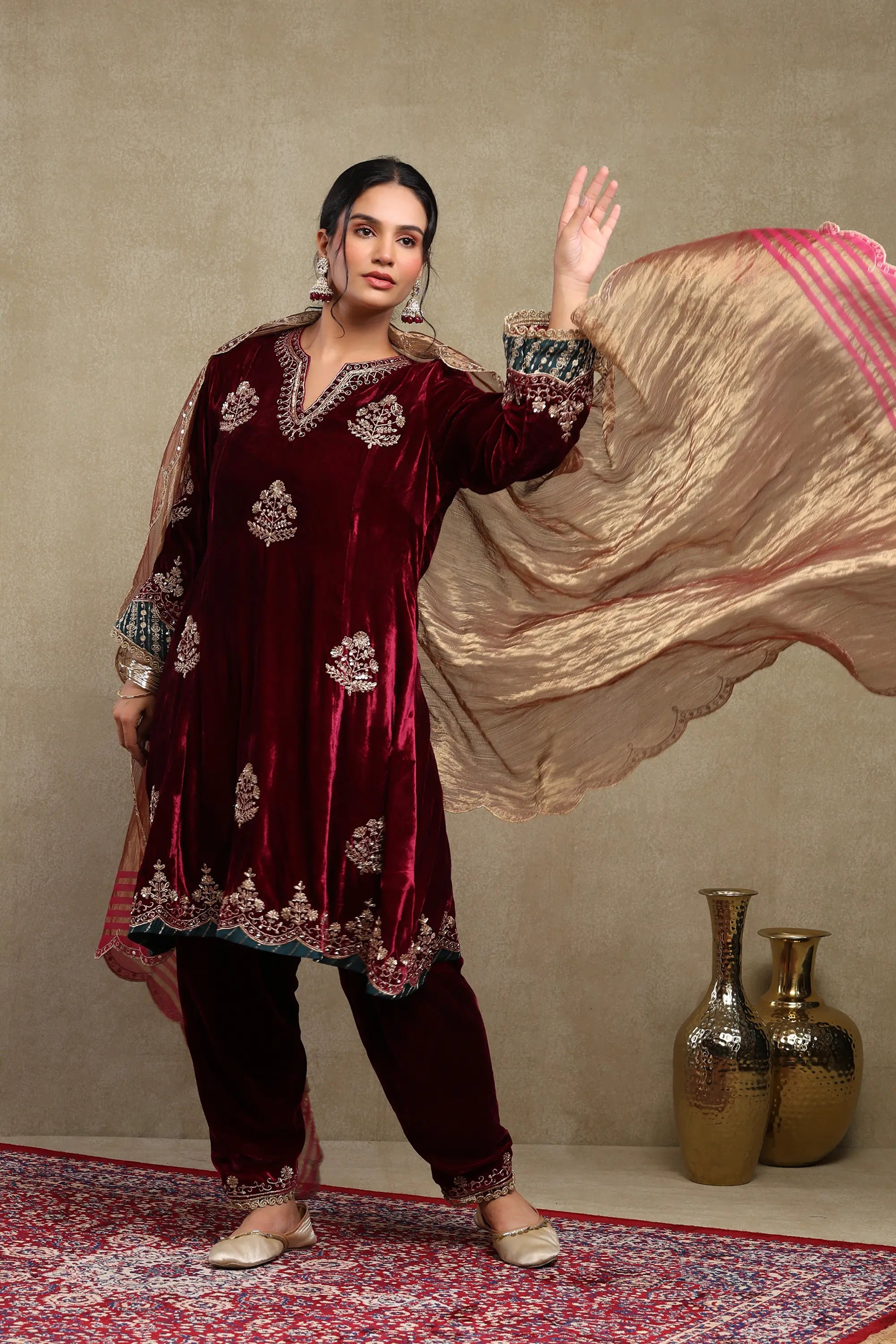 Dilruba Plum Embroidered Silk Velvet Kurta Set