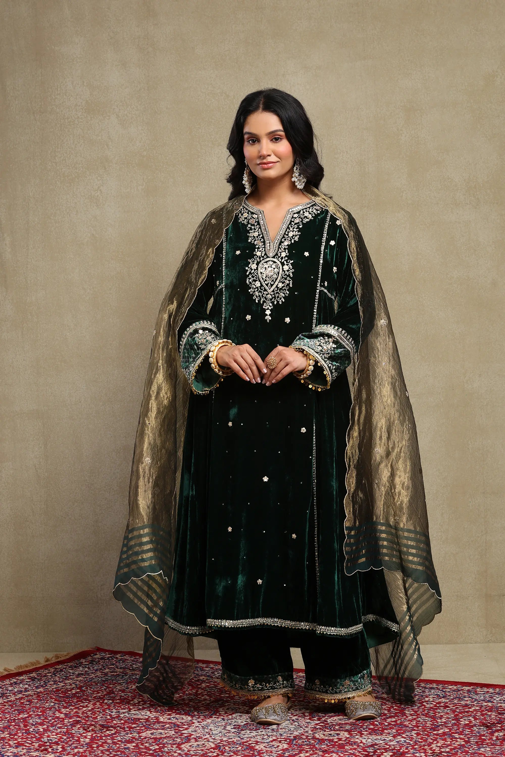 Sahira Forest Green Embroidered Silk Velvet A-Line Kurta Set