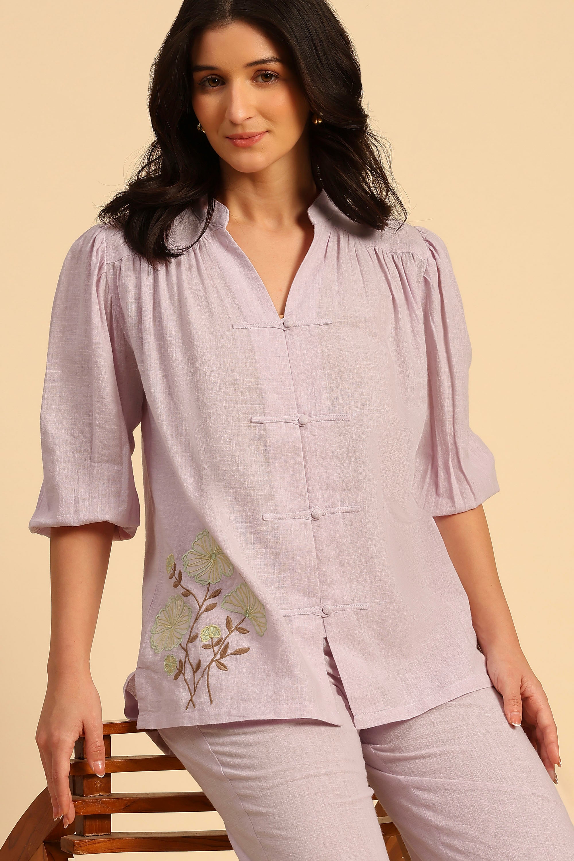Daphne Light Purple Embroidered Handcrafted Cotton Linen Co-ord Set: