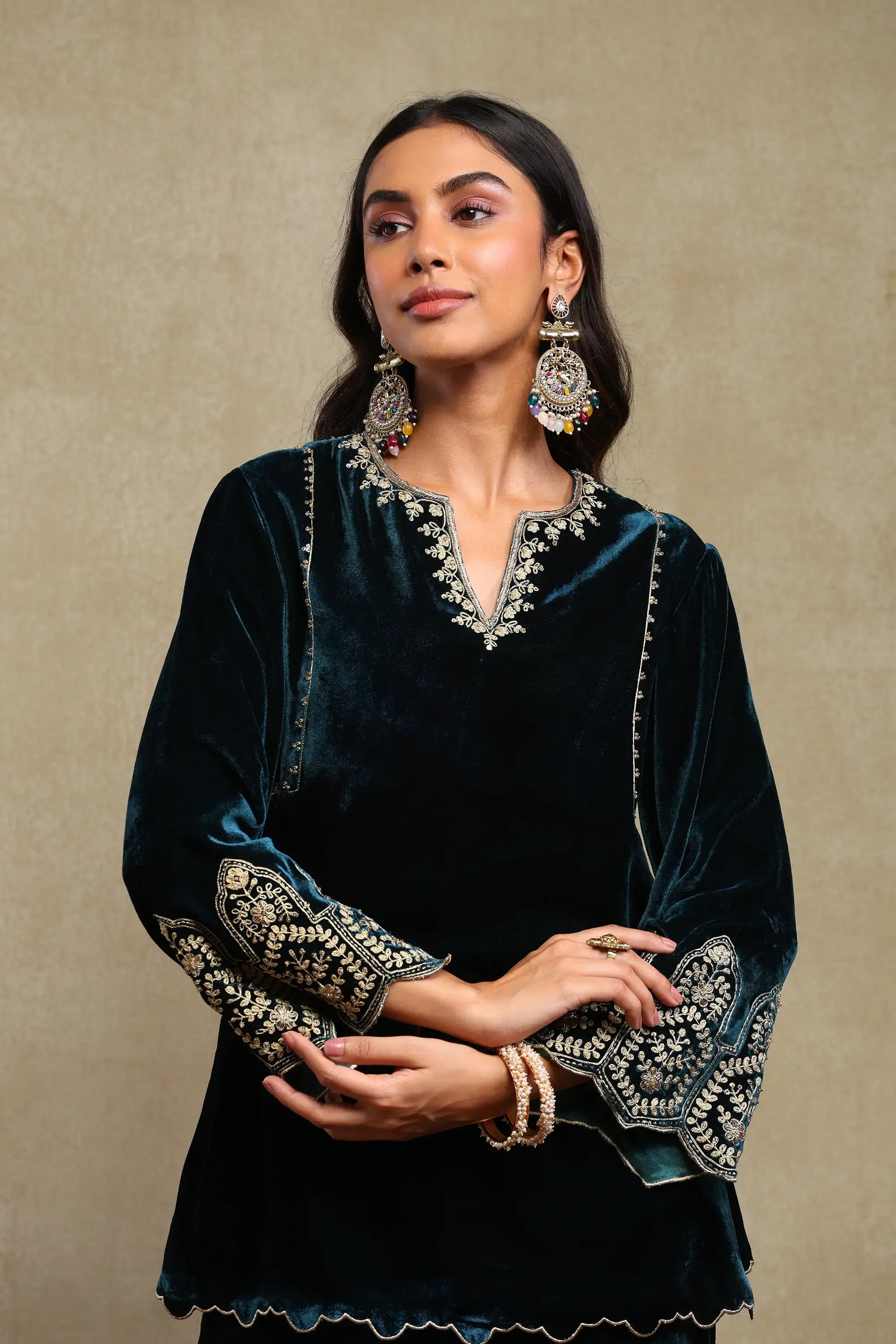 Rida Midnight Blue Hand Embroidered Silk Velvet Co-Ord Set