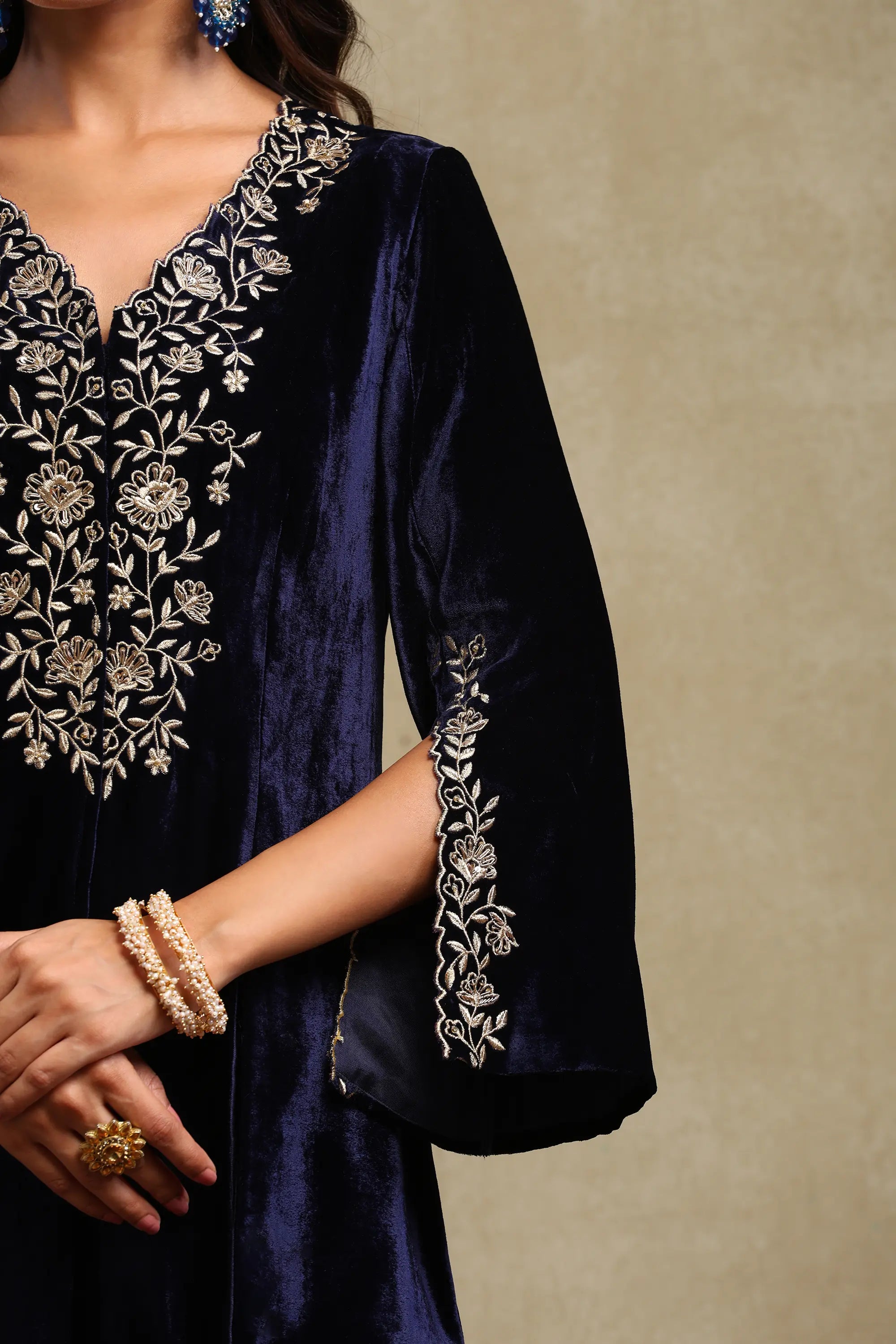 Maisha Navy Blue Hand Embroidered Silk Velvet Co-Ord Set