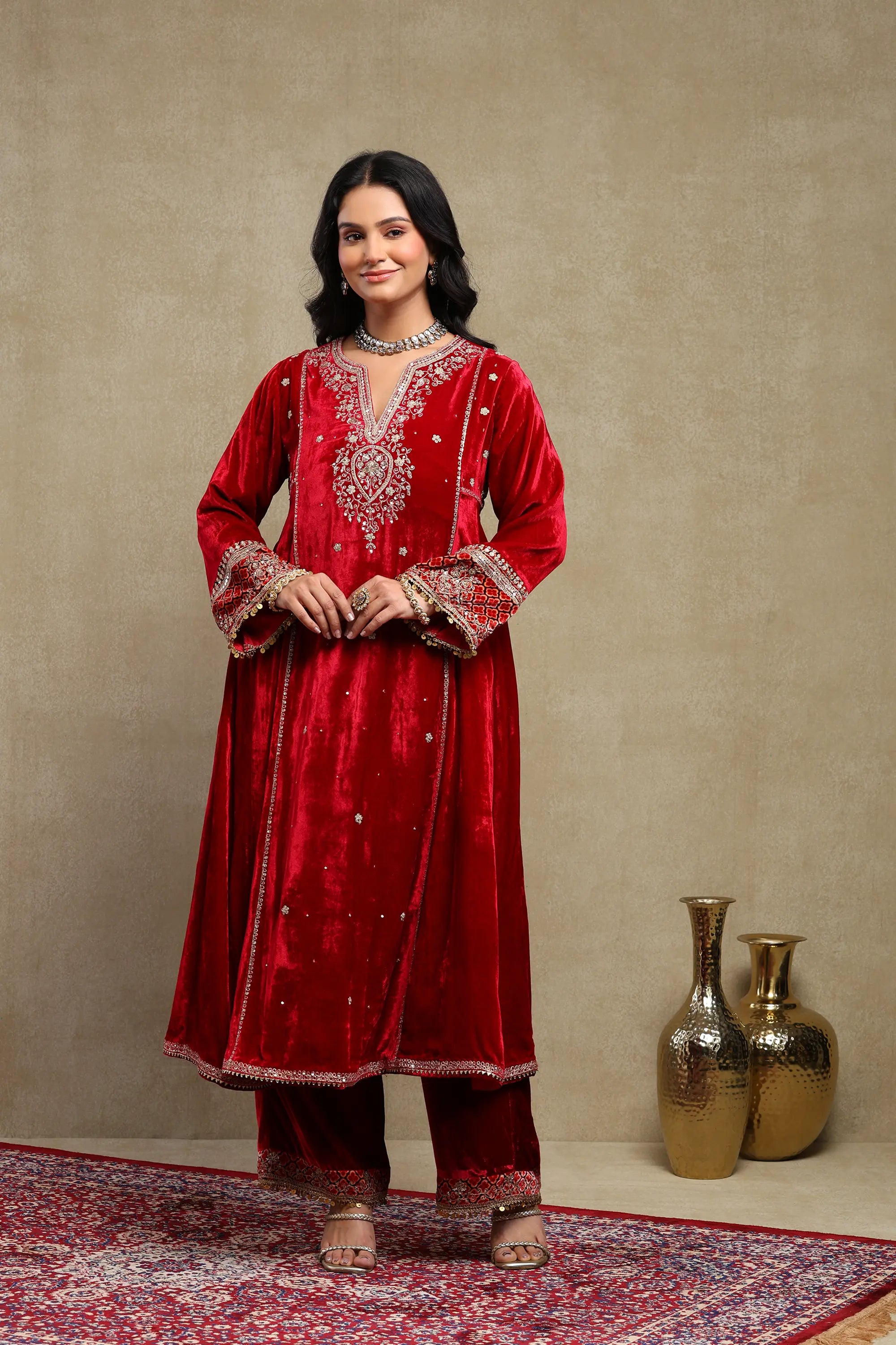Sahira Cherry Red Embroidered Silk Velvet A-Line Kurta Set