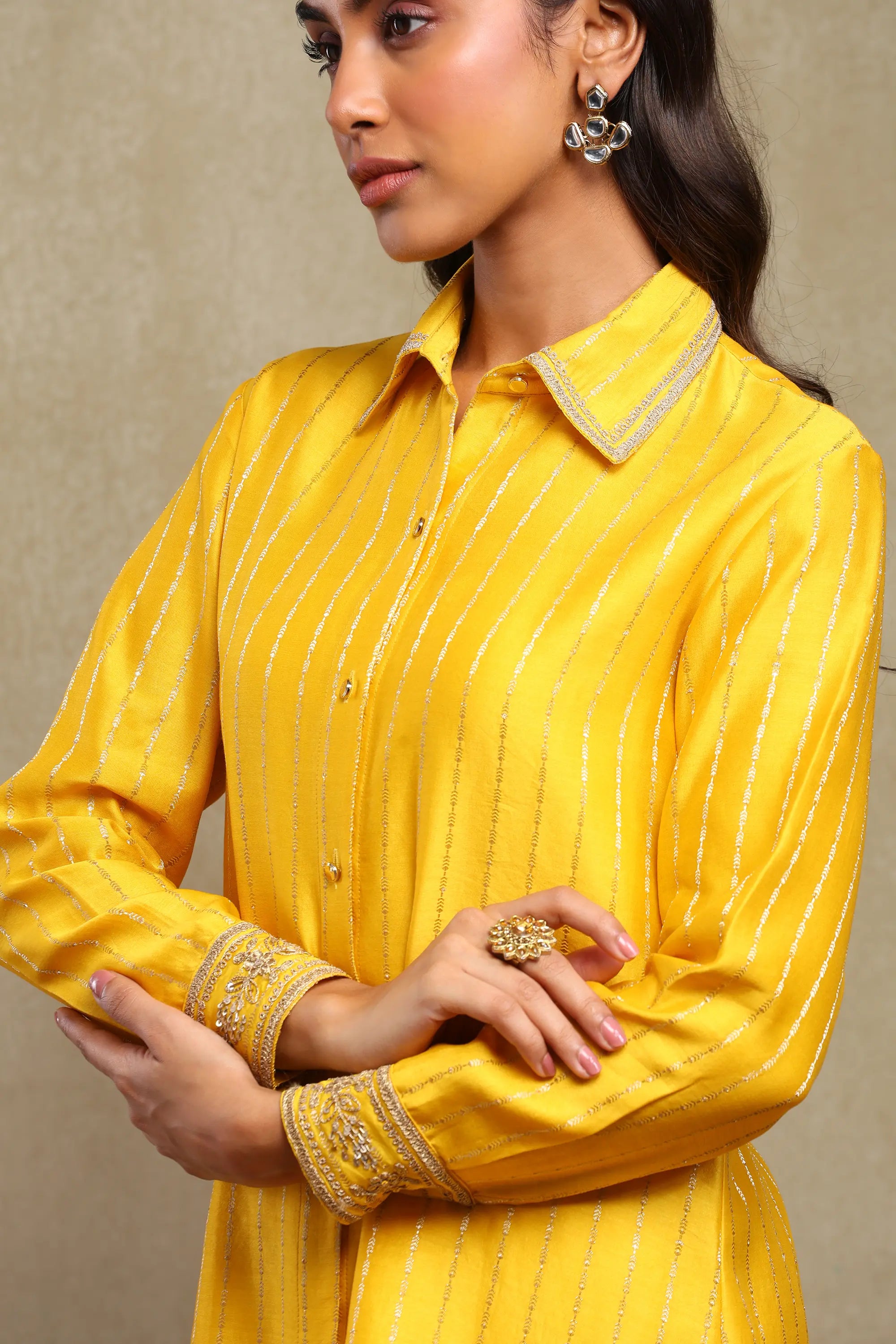 Aarvi Mango Yellow Hand Embroidered Banarasi Zari Co-Ord Set