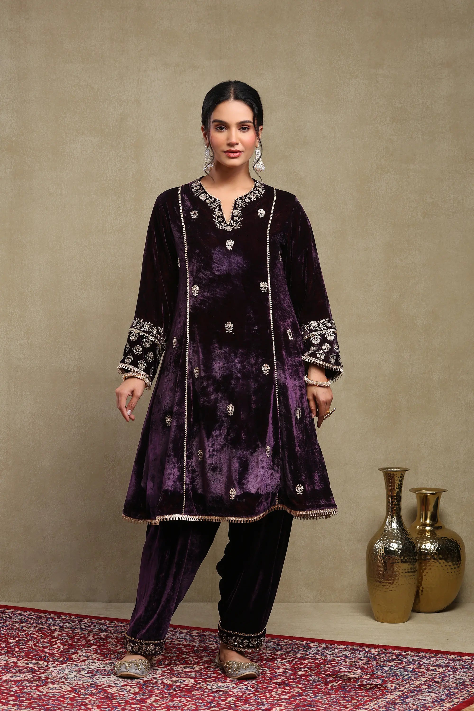Raabta Purple Embroidered Silk Velvet Kurta Set