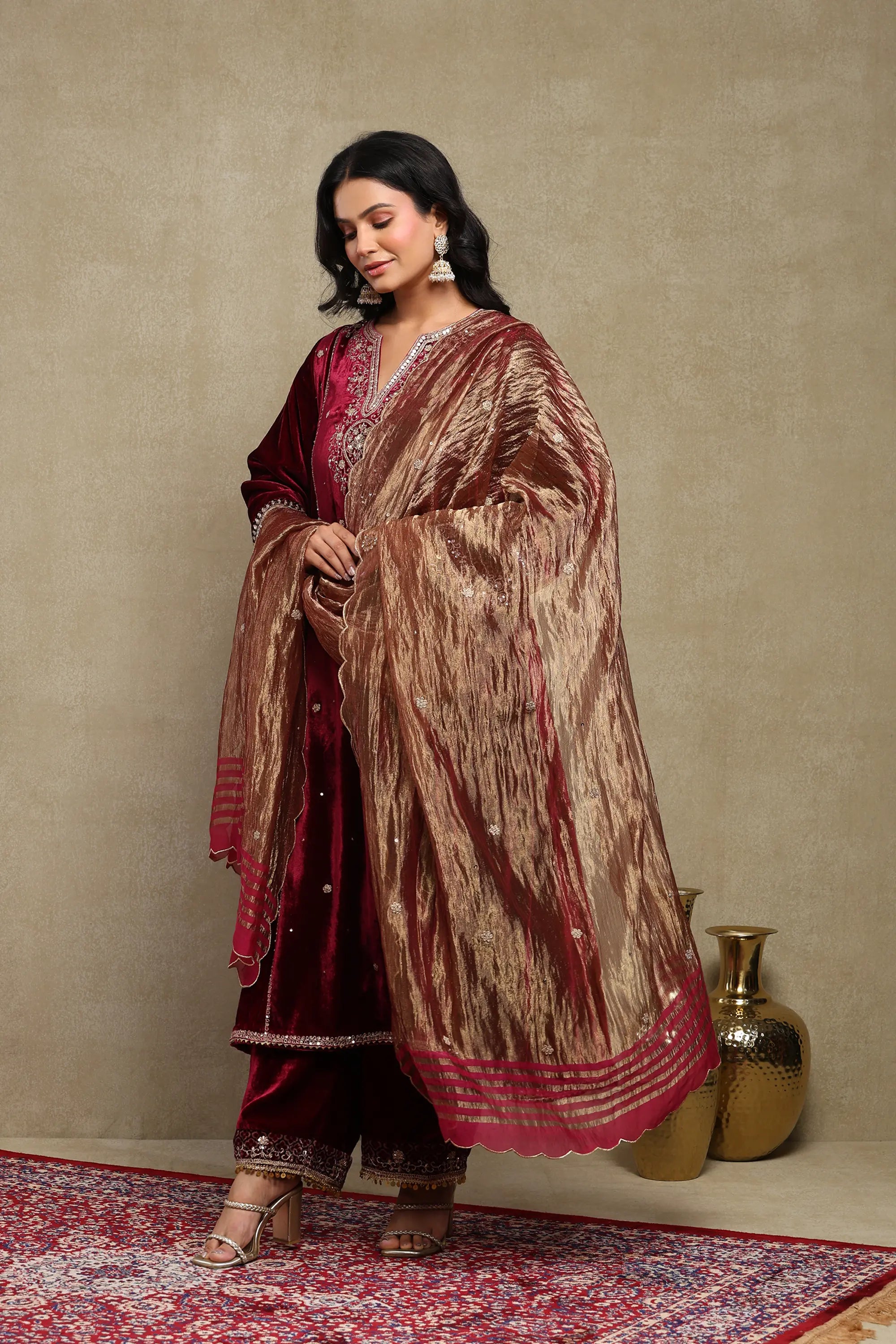 Sahira Plum Embroidered Silk Velvet A-Line Kurta Set