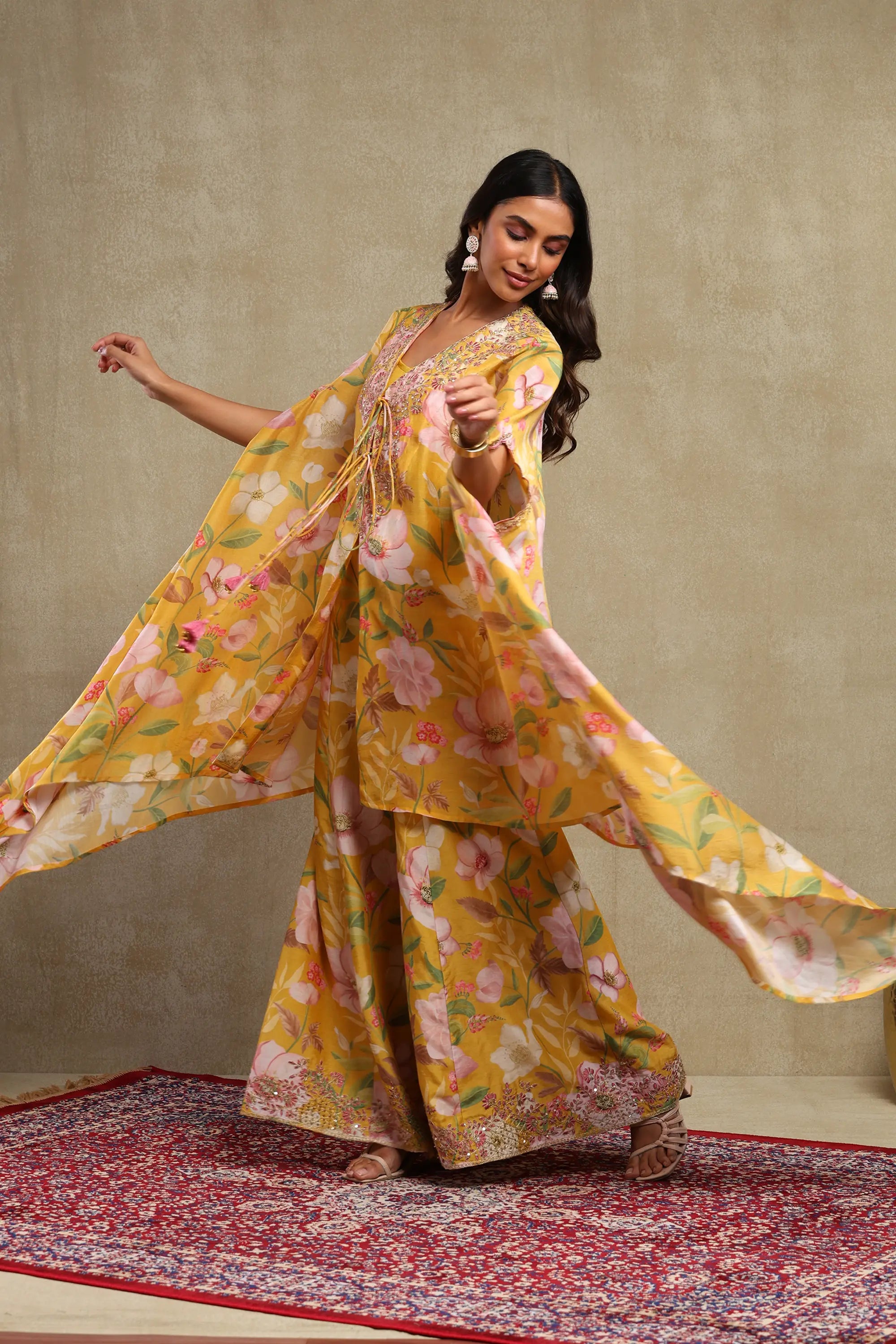 Tanisha Mustard Floral Printed Hand Embroidered Lightweight Chanderi Kaftan Set