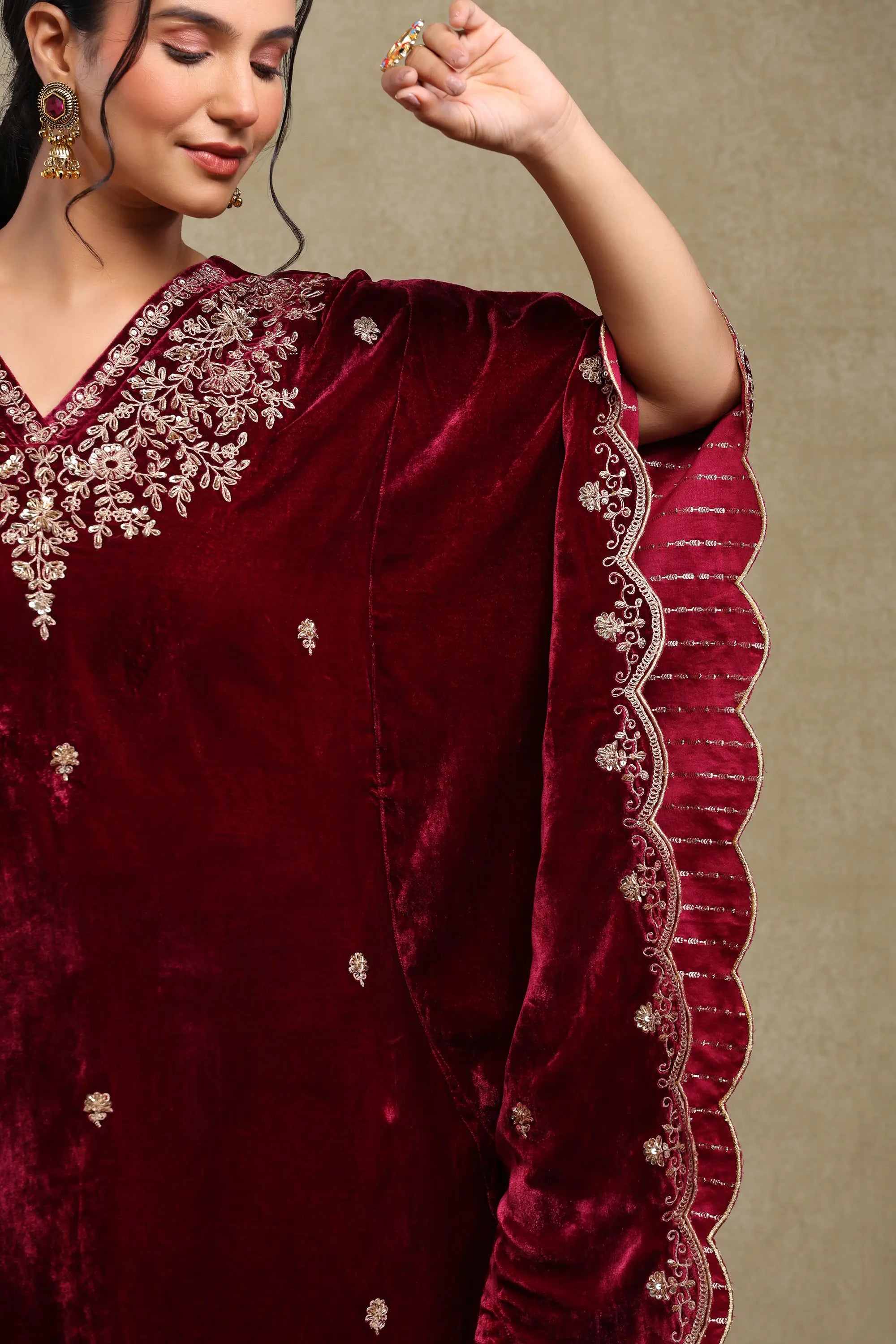 Zainab Plum Embroidered Silk Velvet Kaftan Set (READY TO SHIP)