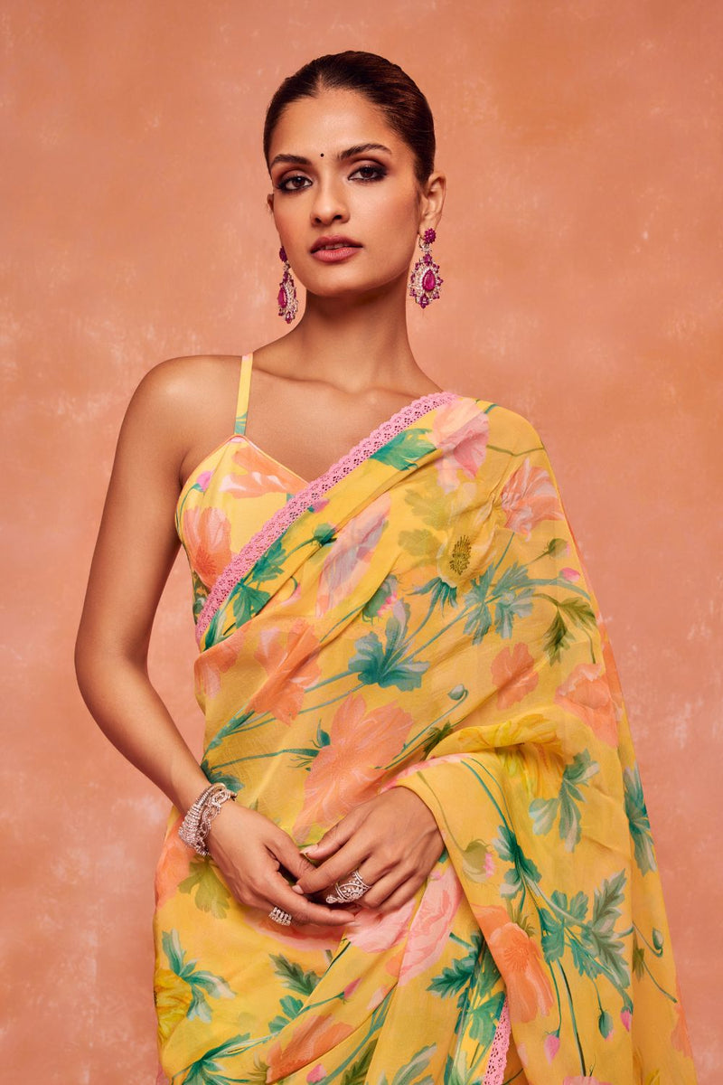 AYANA YELLOW FLORAL PRINTED ORGANZA SAREE