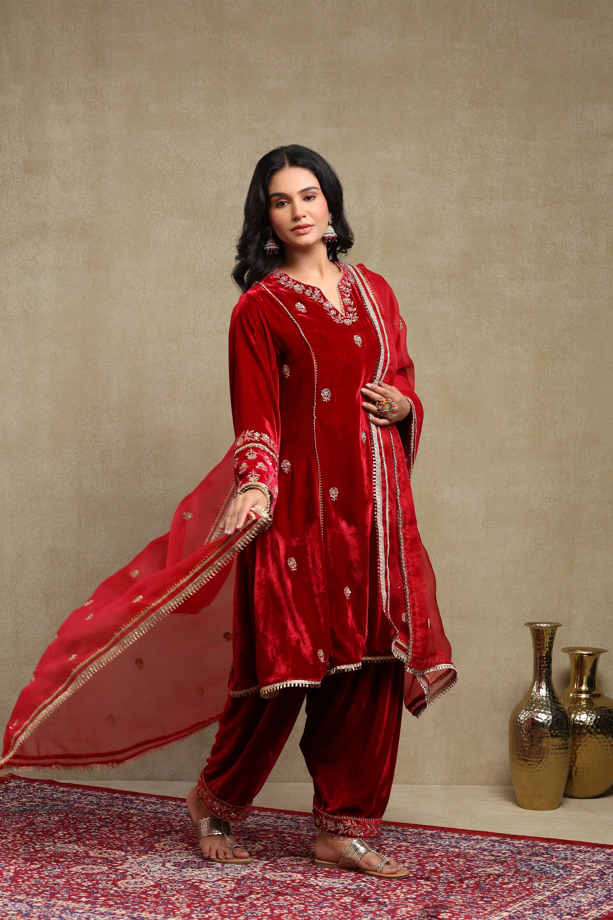 Raabta Cherry Red Embroidered Silk Velvet Kurta Set