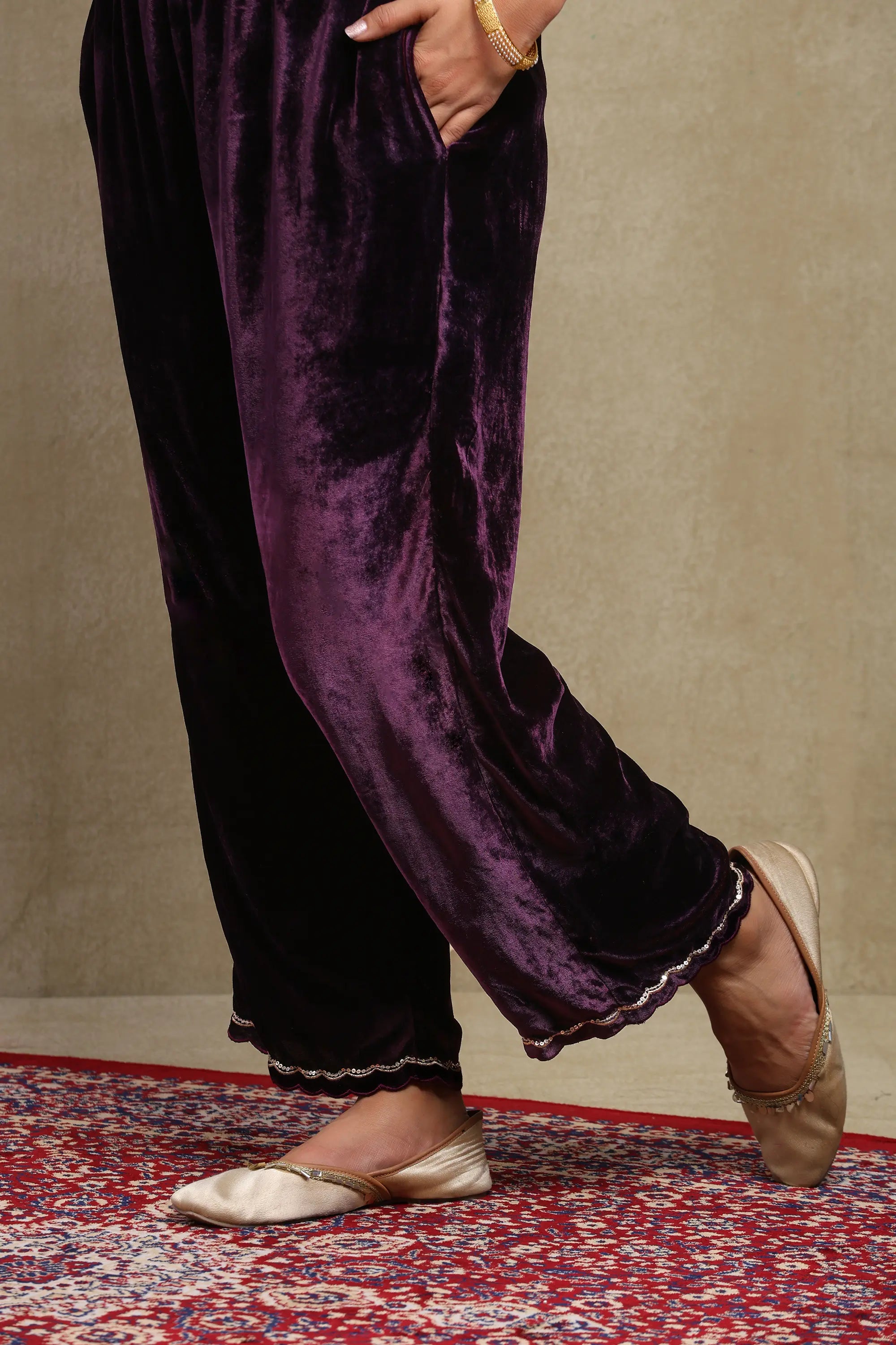 Leena Purple Embroidered Silk Velvet Handcrafted Kurta Set