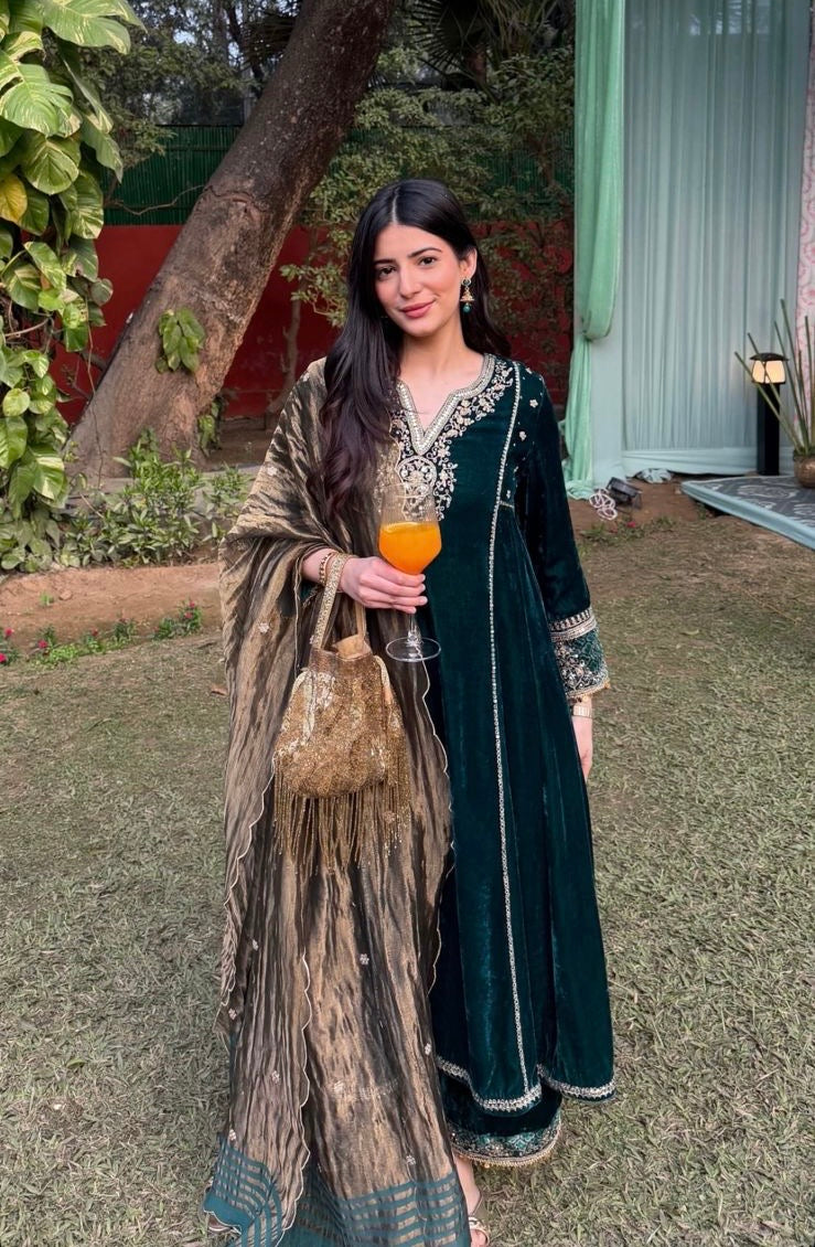 Kaashni Kapoor in Ziyana Silk Velvet Embroidered Jewel Green A-Line Kurta Set