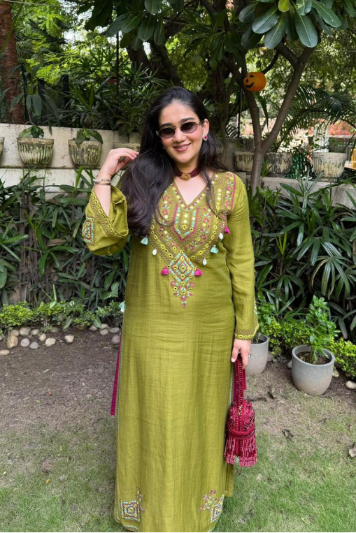 Zeva Olive Green Mirror Work Mul Chanderi Handcrafted Kaftan
