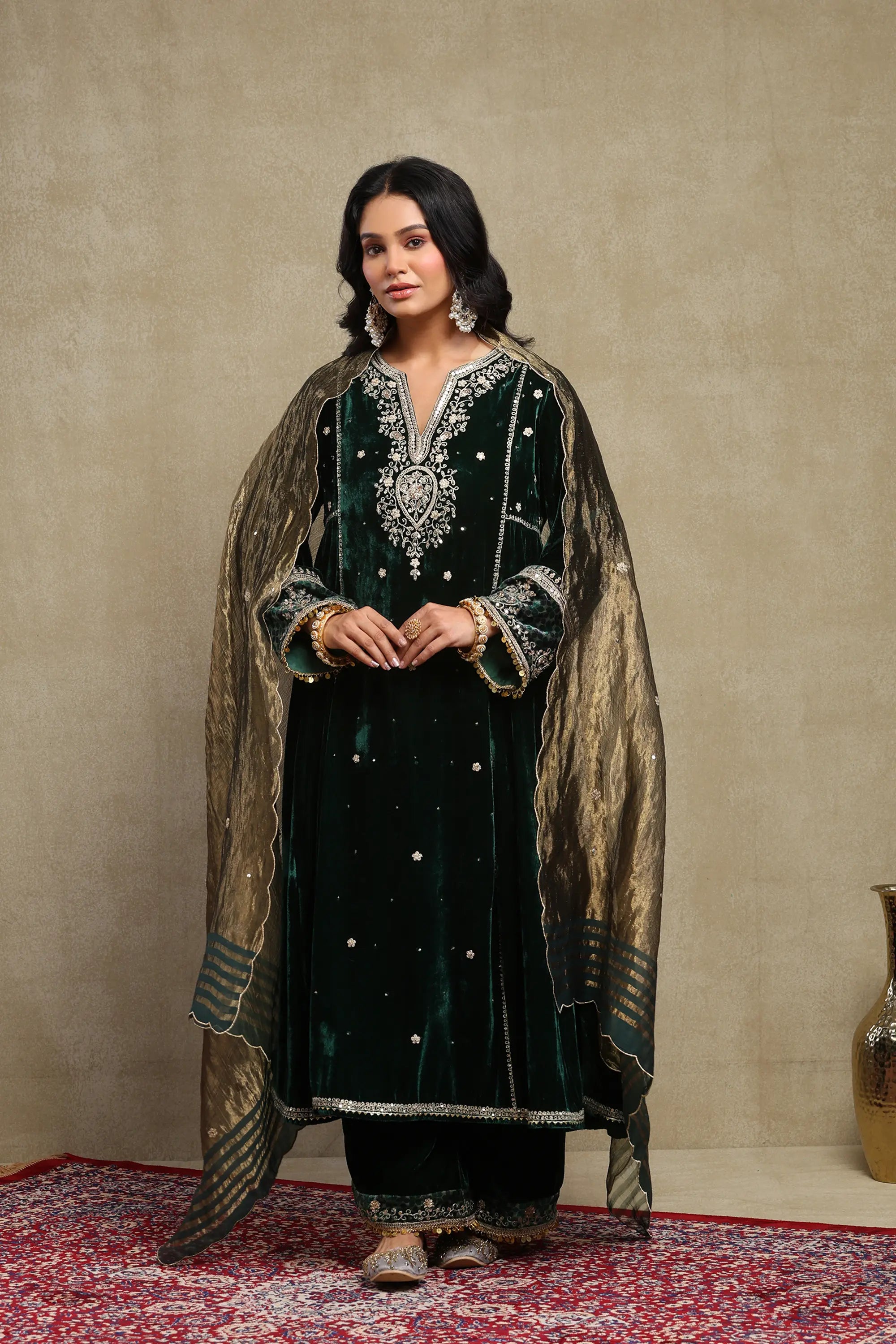 Sahira Forest Green Embroidered Silk Velvet A-Line Kurta Set