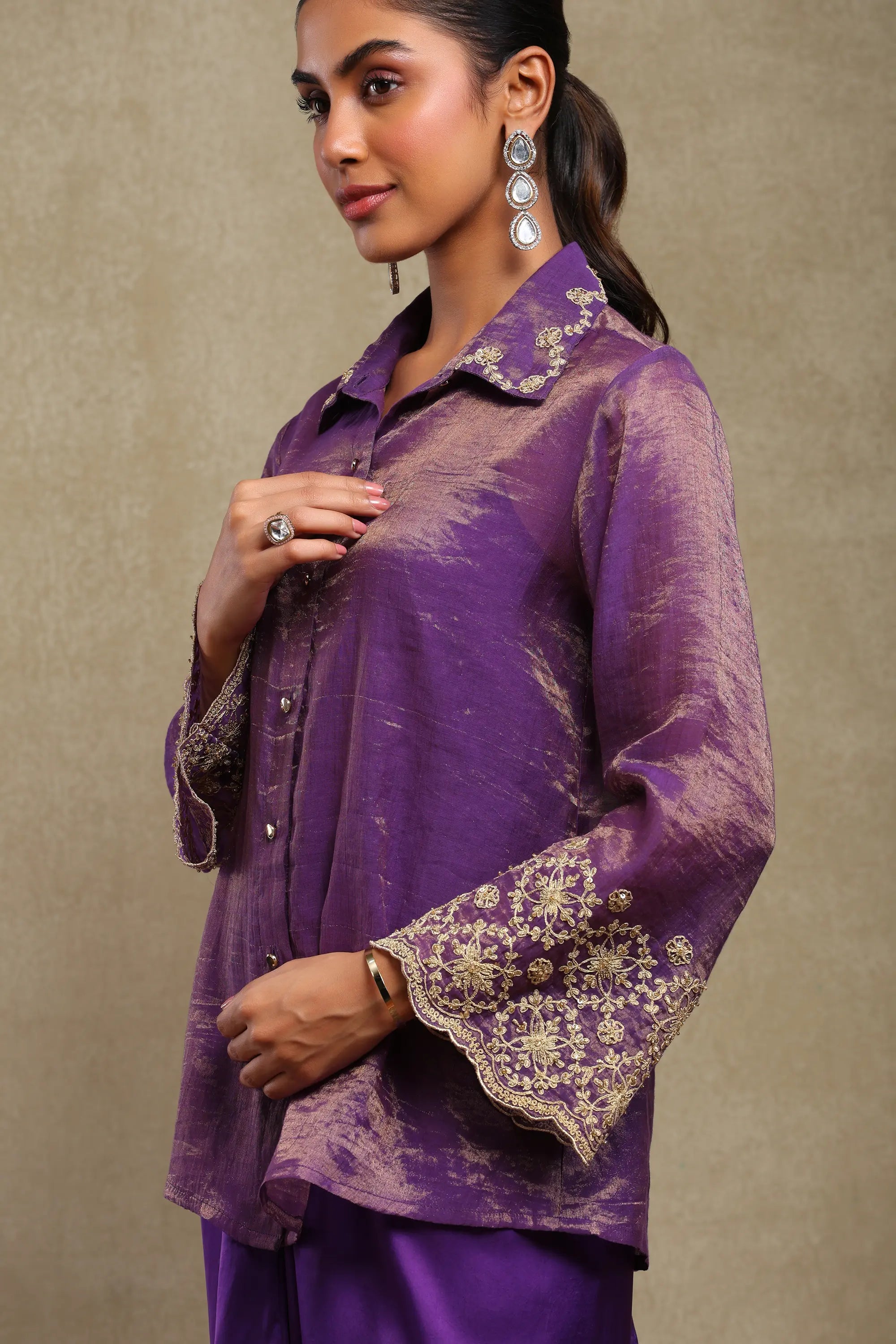 Elina Deep Purple Hand Embroidered Tissue Chanderi and Satin Skirt Set