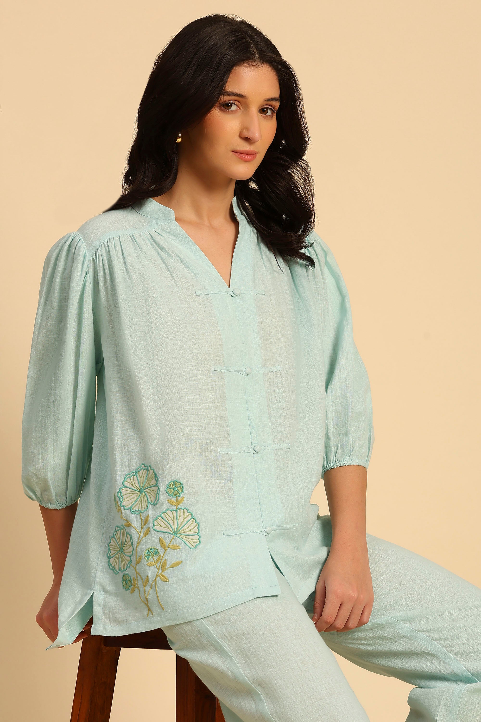 Daphne Blue Embroidered Cotton Linen Handcrafted Co-ord Set