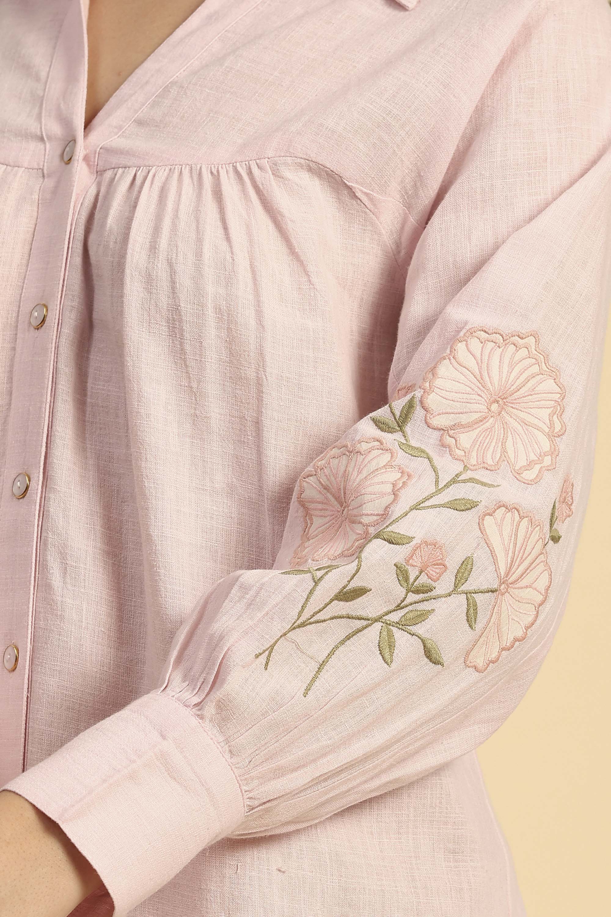 Raya Pink Embroidered Handcrafted Cotton Linen Co-ord Set