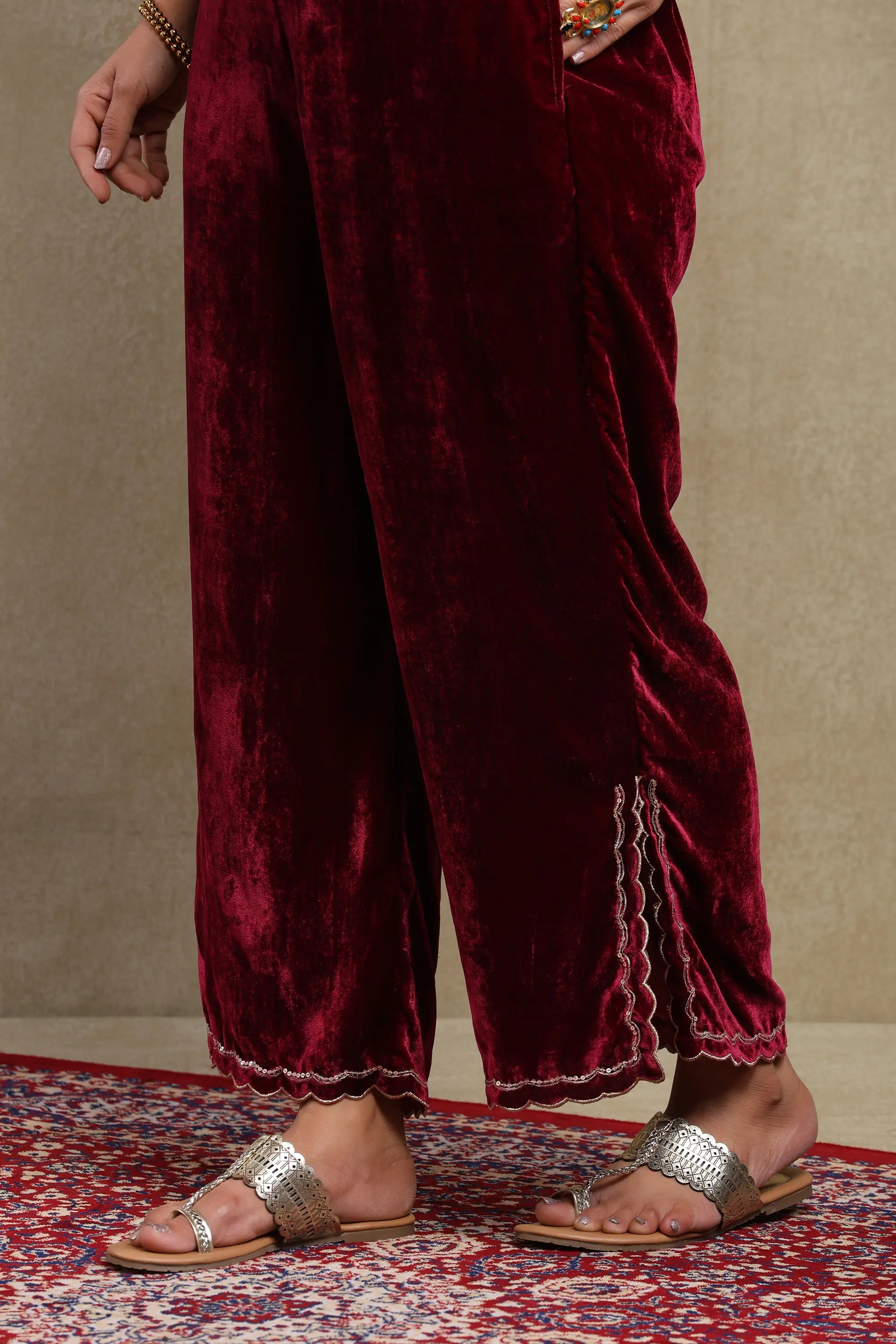 Zainab Plum Embroidered Silk Velvet Kaftan Set (READY TO SHIP)