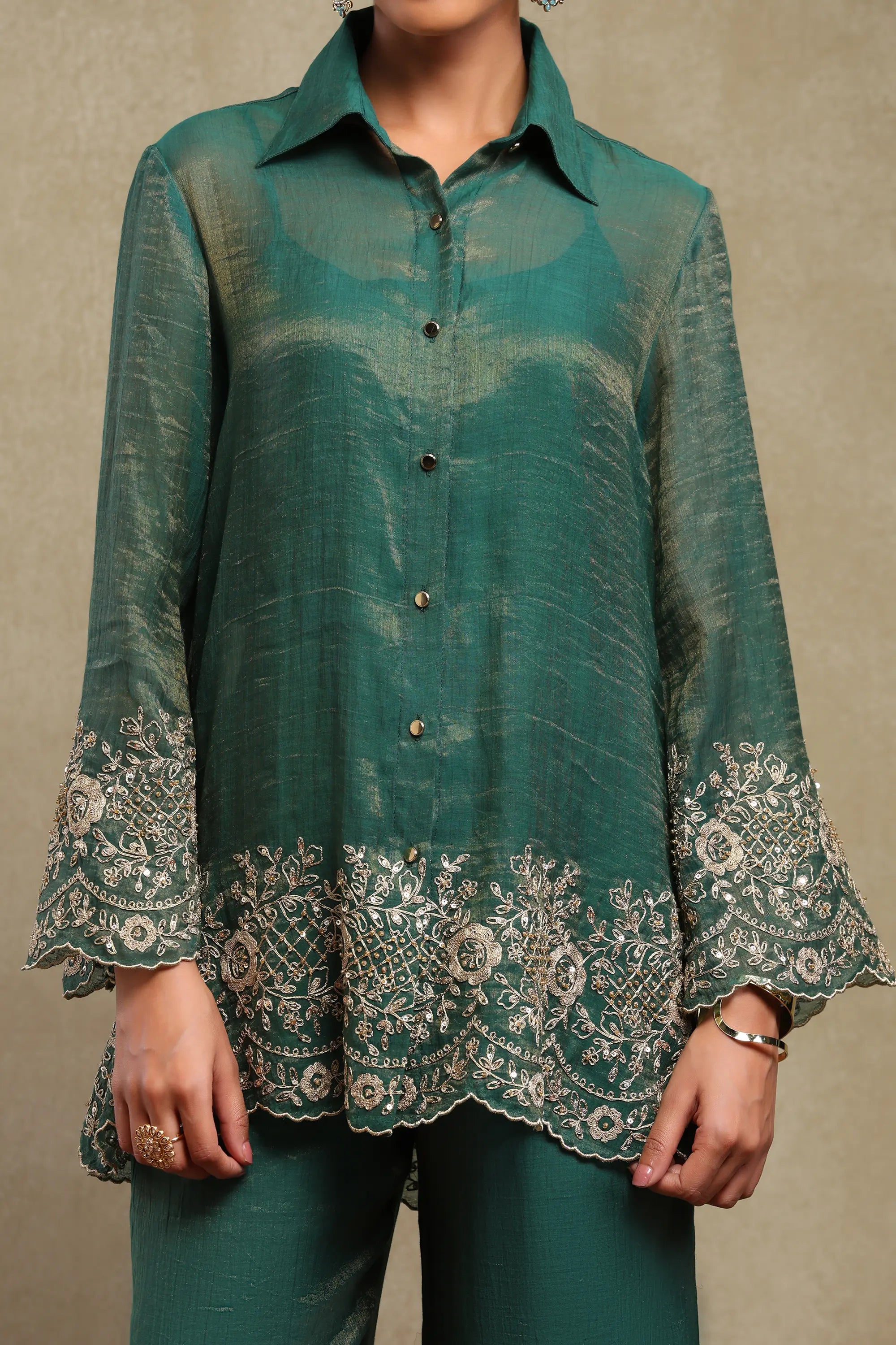 Aadya Emerald Green Hand Embroidered Tissue Chanderi Co-Ord Set