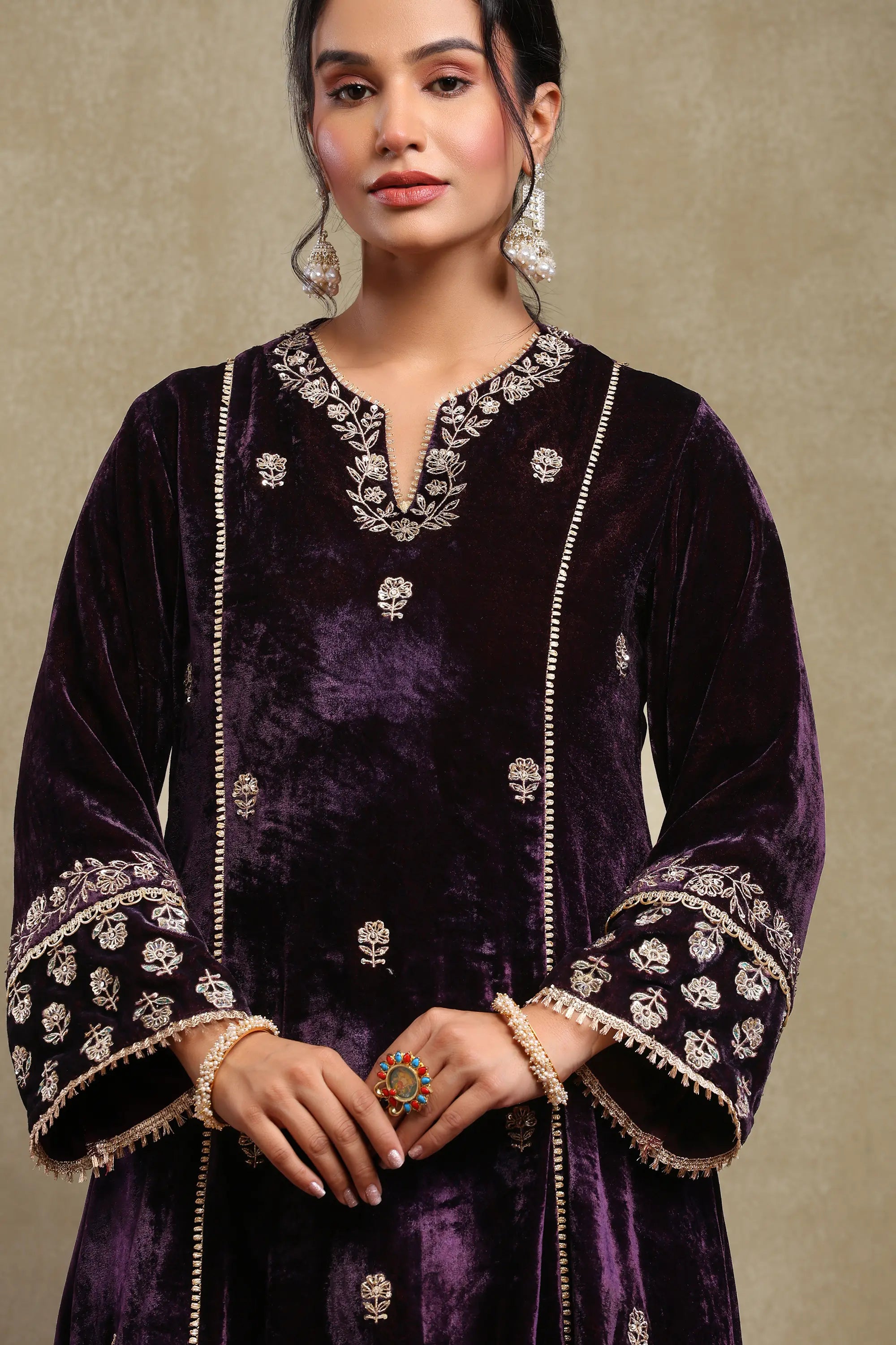 Raabta Purple Embroidered Silk Velvet Kurta Set