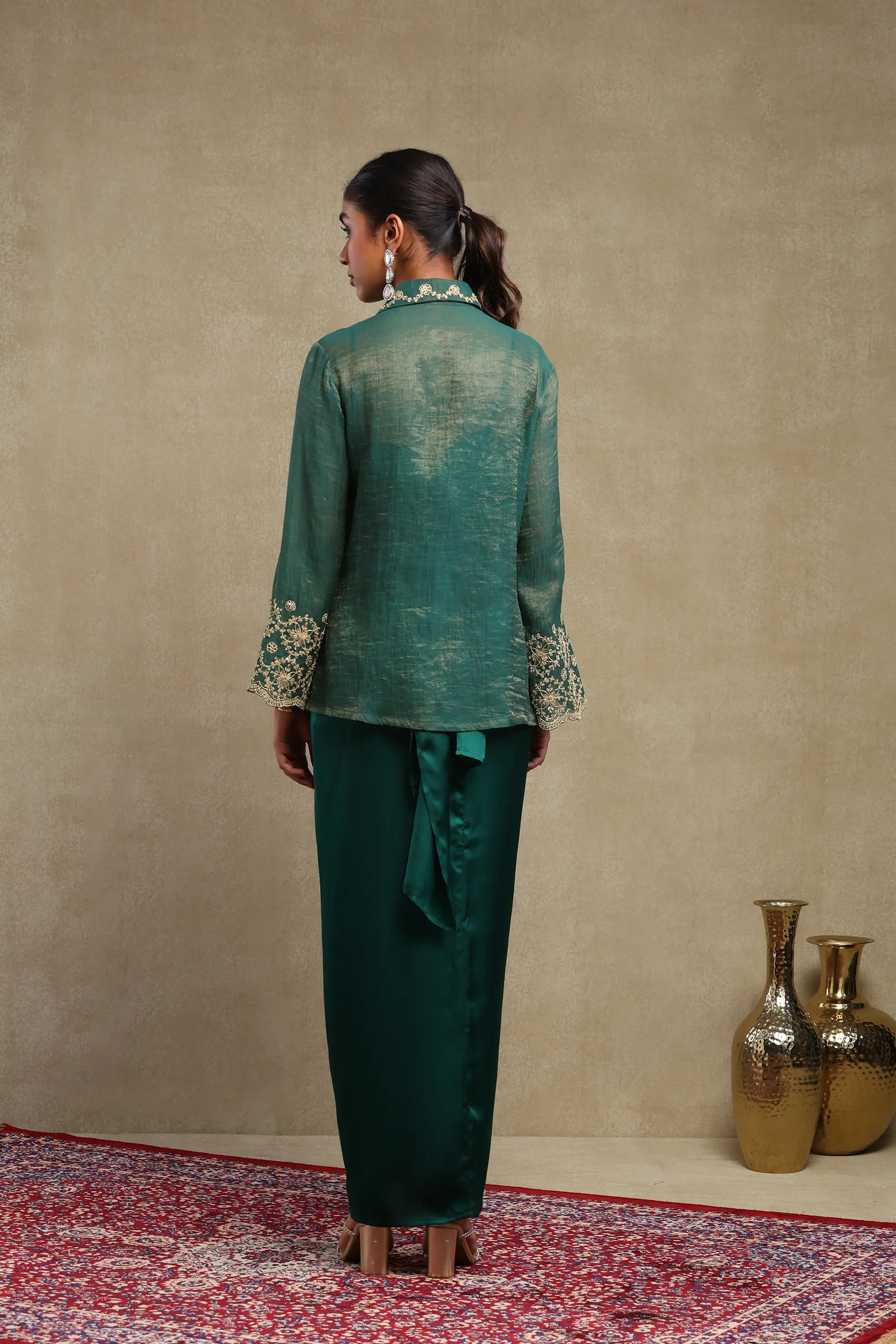 Elina Emerald Green Hand Embroidered Tissue Chanderi and Satin Skirt Set