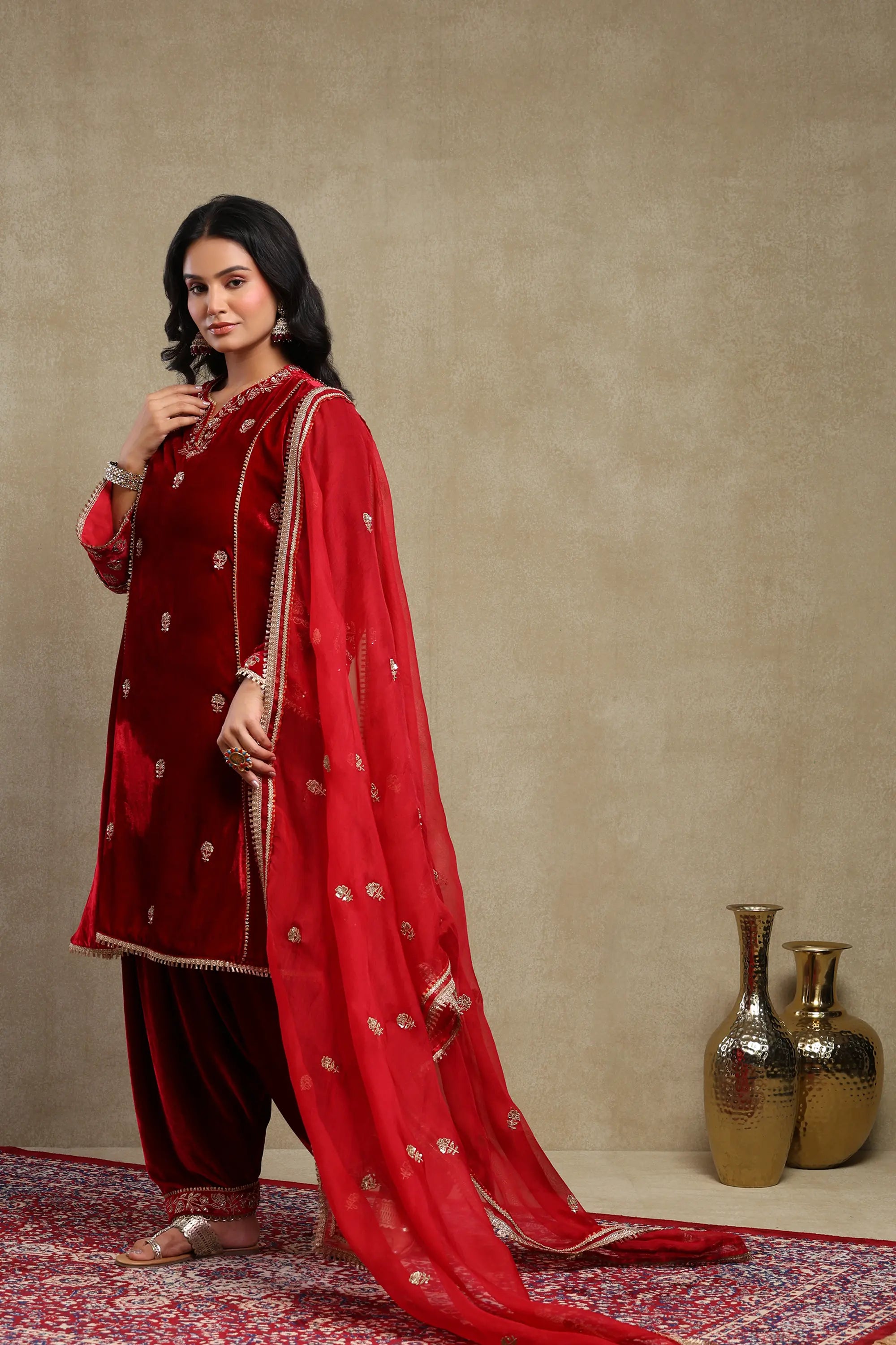 Raabta Cherry Red Embroidered Silk Velvet Kurta Set