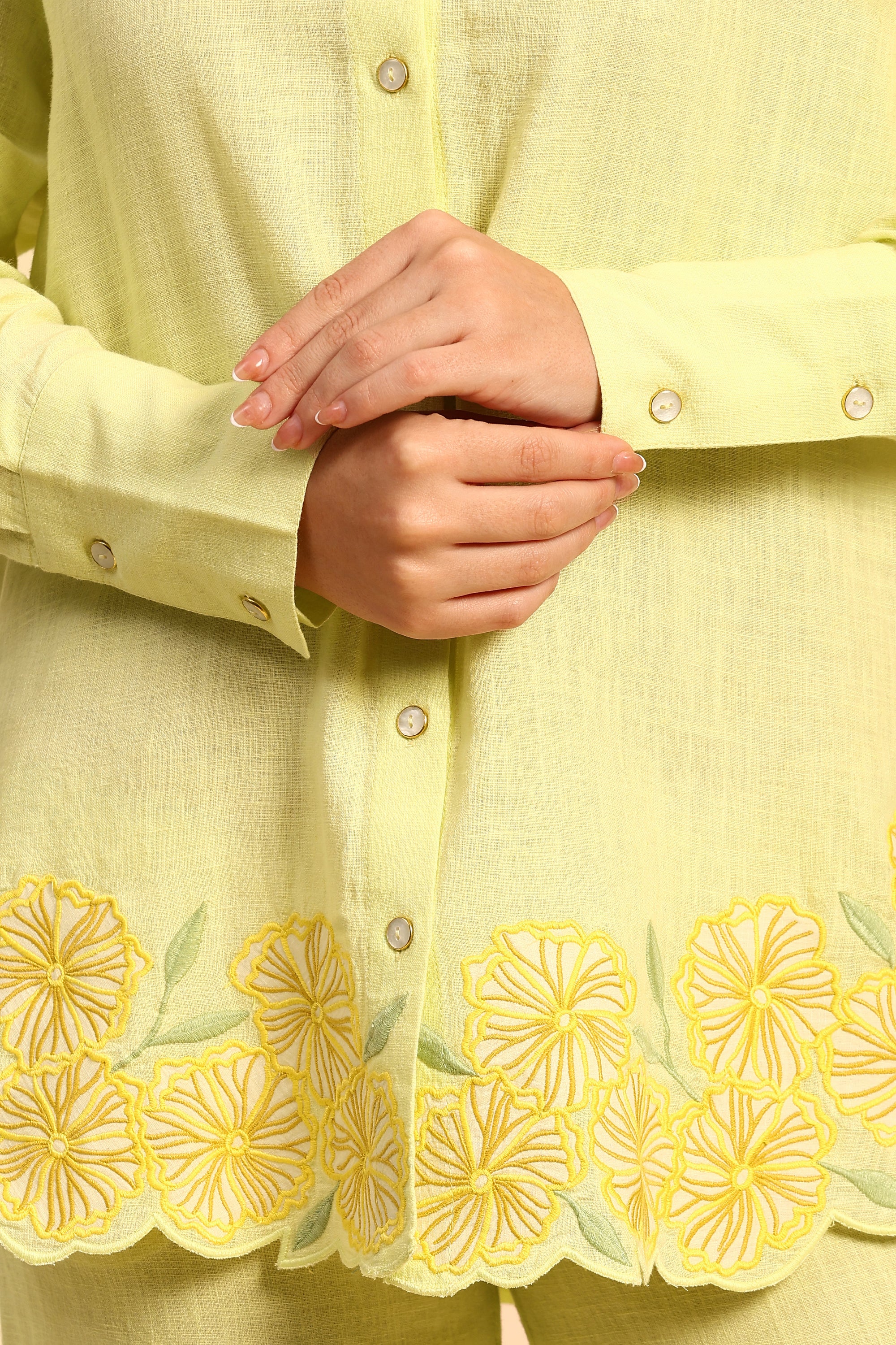 Niya Green Embroidered Handcrafted Cotton Linen Co-ord Set