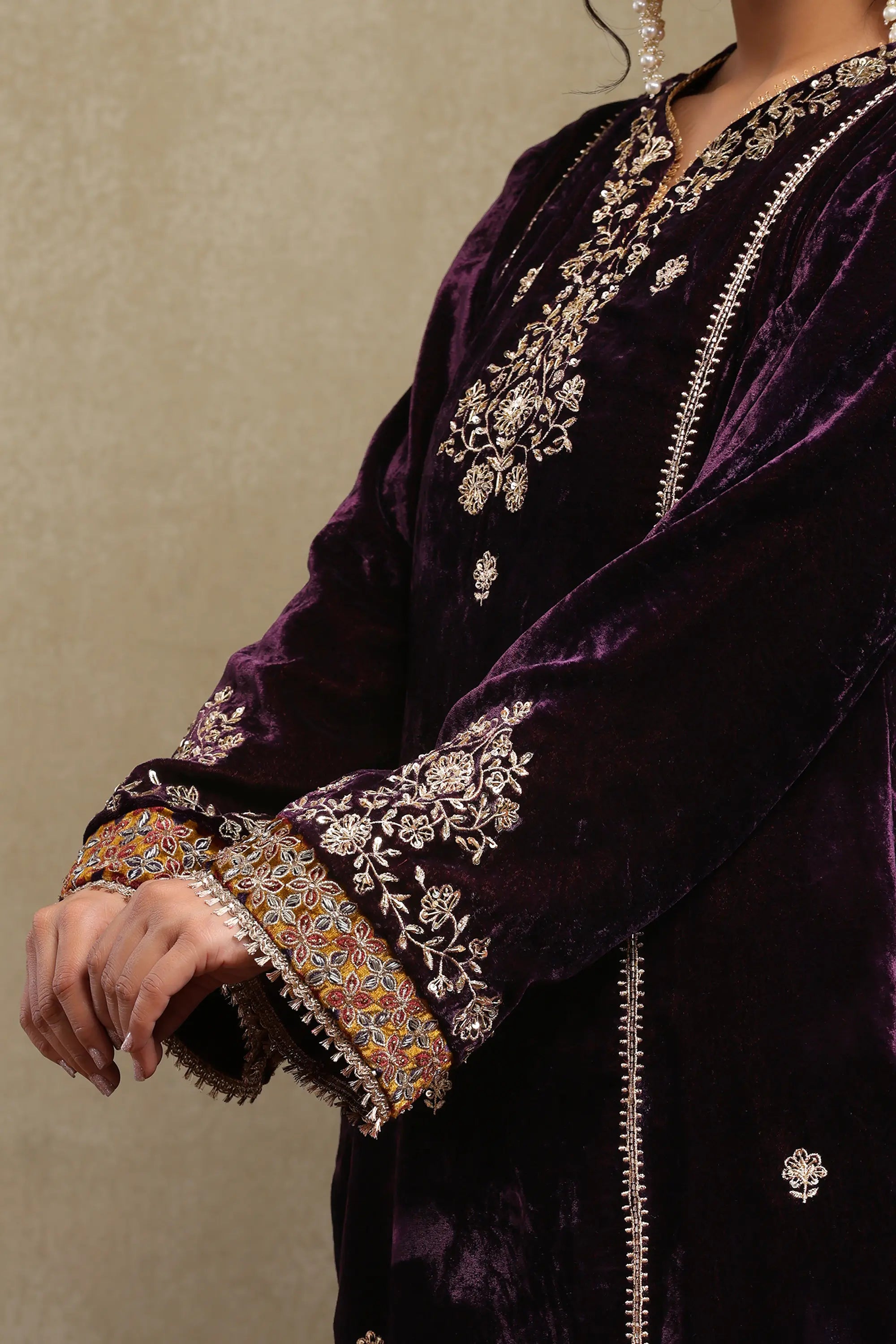 Leena Purple Embroidered Silk Velvet Handcrafted Kurta Set