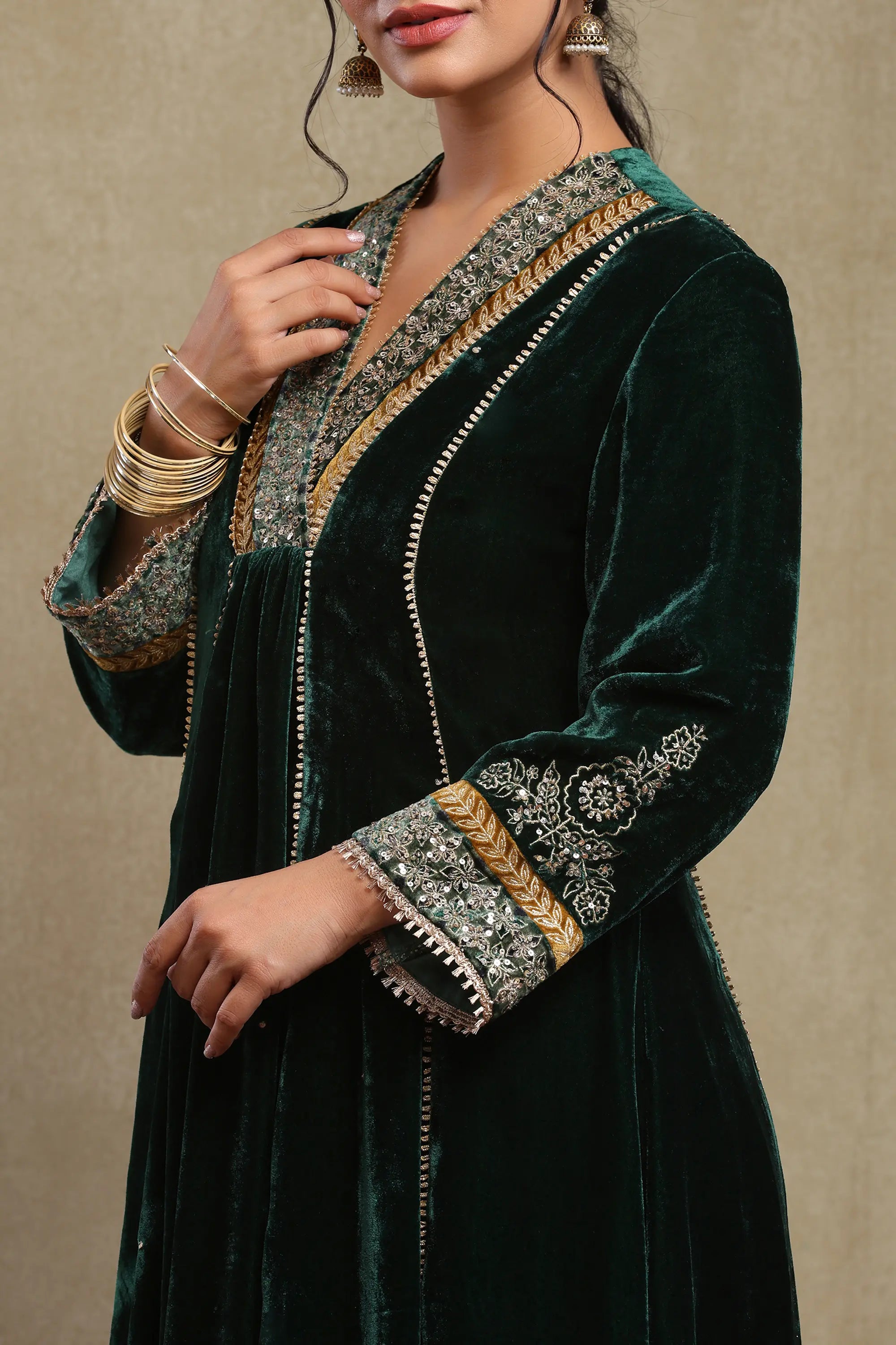 Anam Forest Green Embroidered Kurta Set