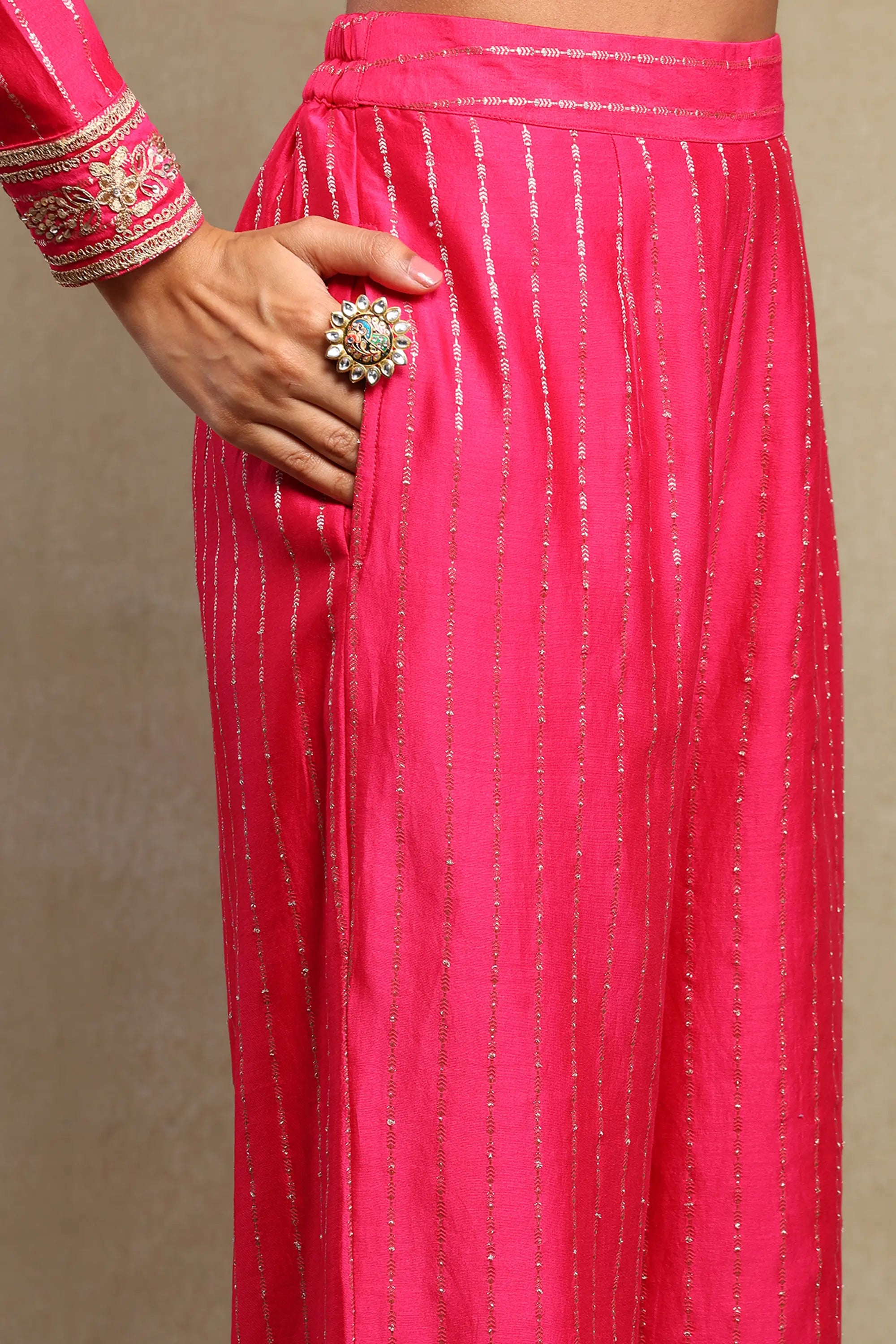 Aarvi Hot Pink Hand Embroidered Banarasi Zari Co-Ord Set