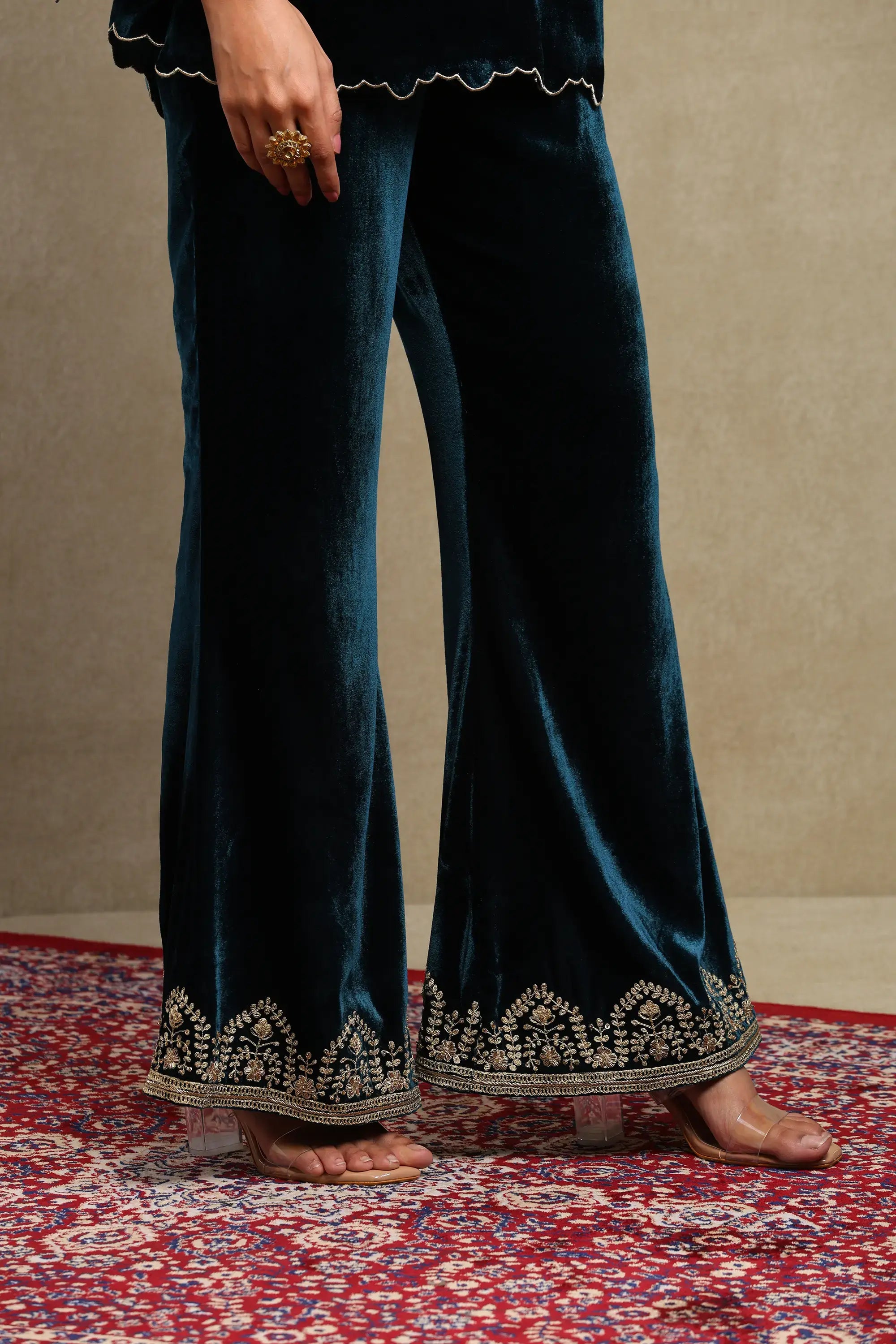 Rida Midnight Blue Hand Embroidered Silk Velvet Co-Ord Set