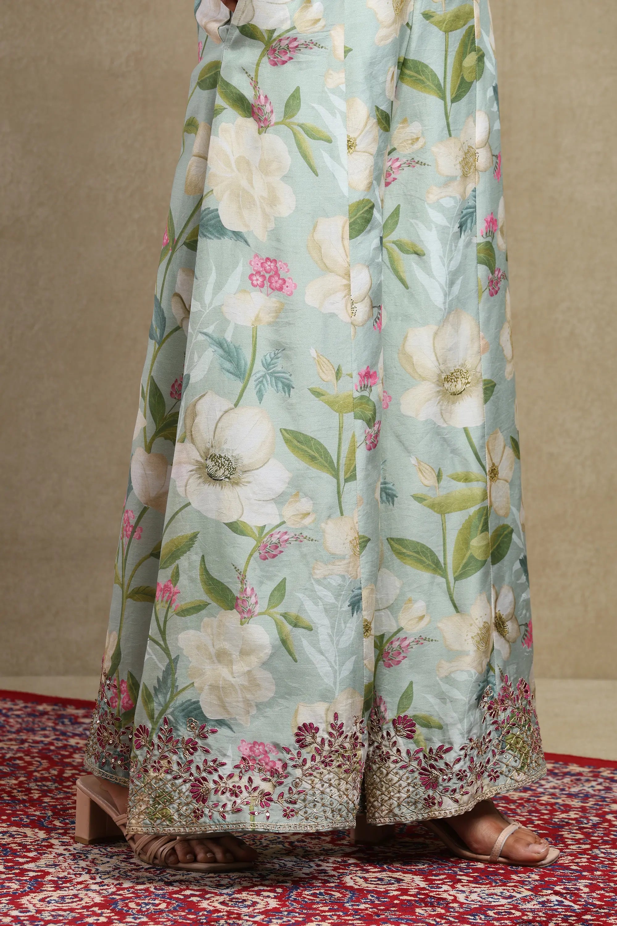 Tanisha Turquoise Floral Printed Hand Embroidered Lightweight Chanderi Kaftan Set