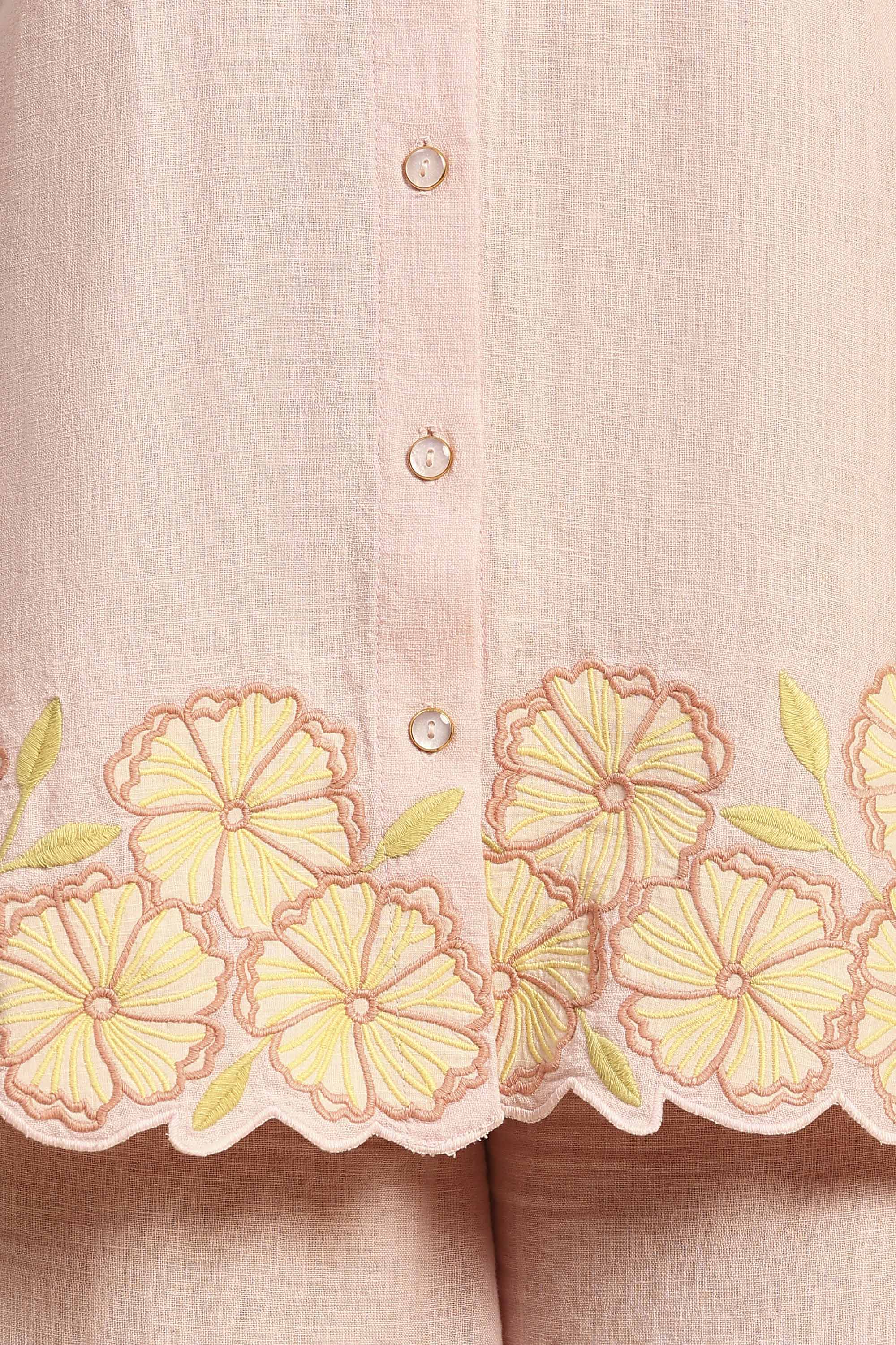 Niya Pink Embroidered Handcrafted Cotton Linen Co-ord Set
