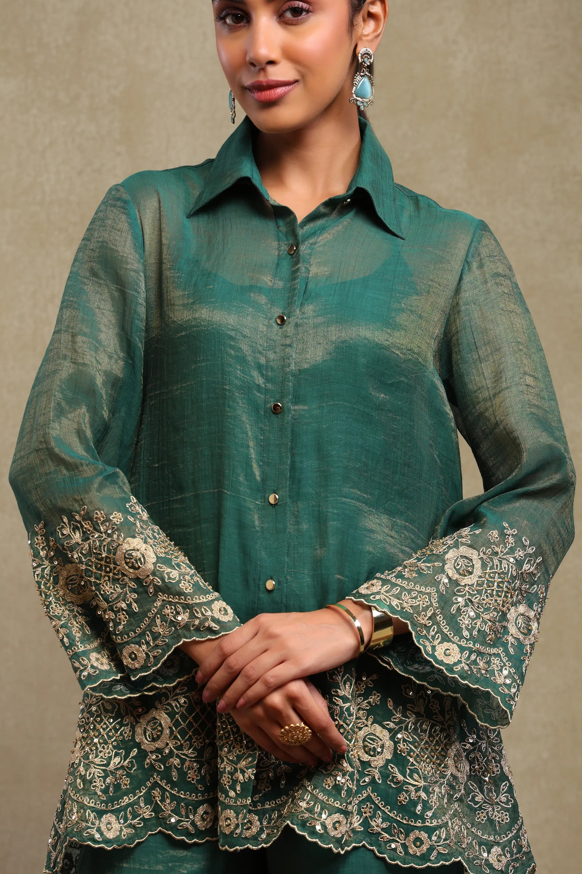 Aadya Emerald Green Hand Embroidered Tissue Chanderi Co-Ord Set