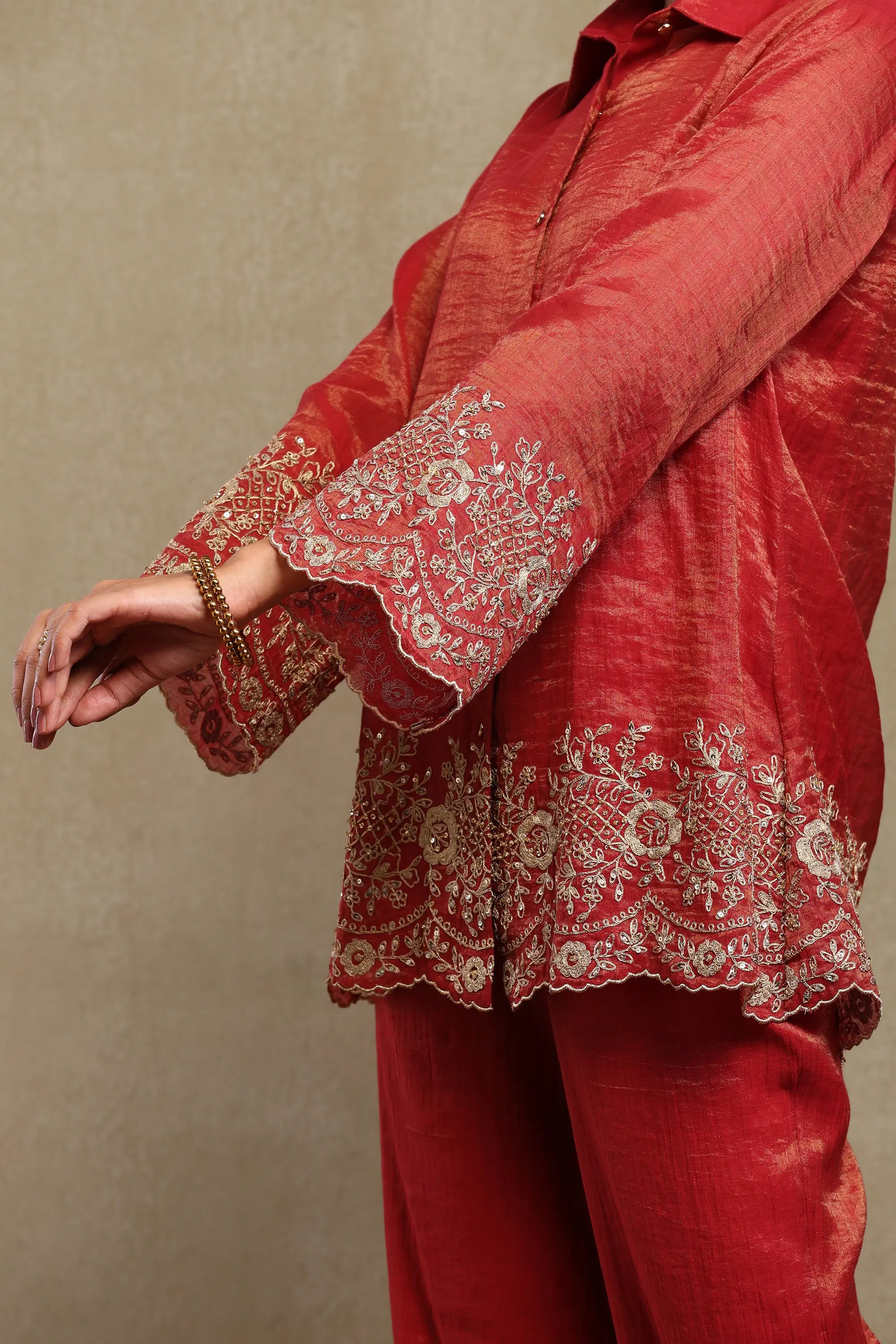 Aadya Red Hand Embroidered Tissue Chanderi Co-Ord Set