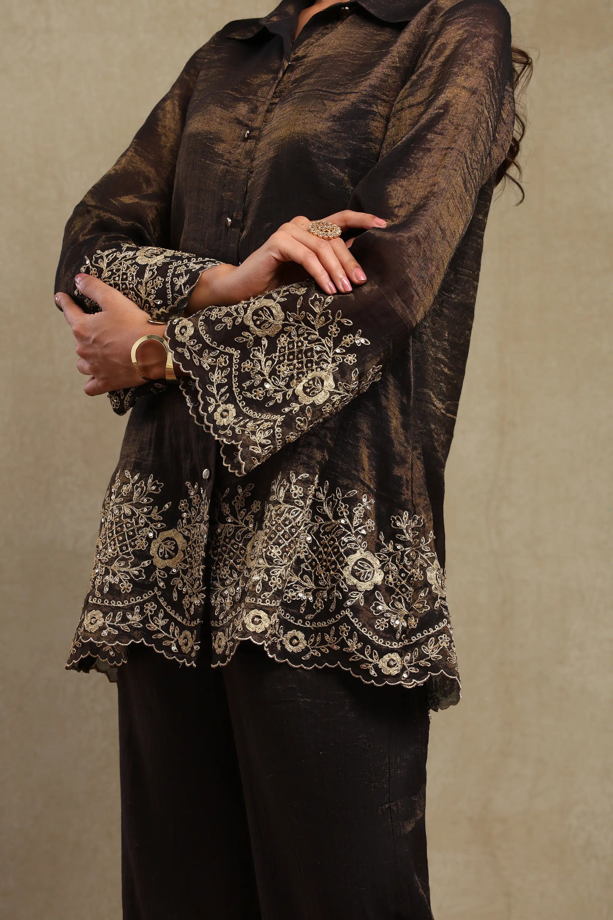 Aadya Black Hand Embroidered Tissue Chanderi Co-Ord Set