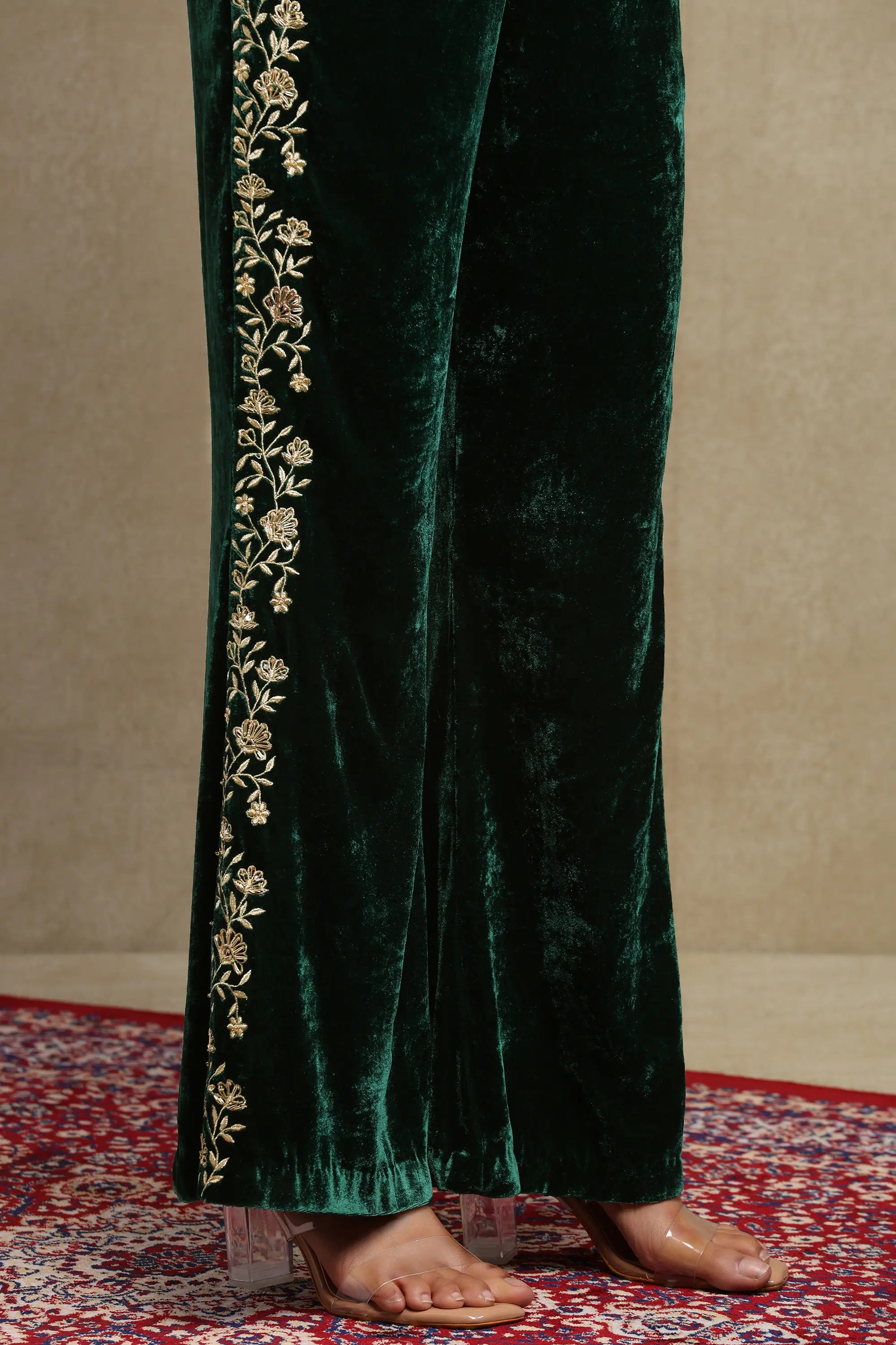 Maisha Forest Green Hand Embroidered Silk Velvet Co-Ord Set