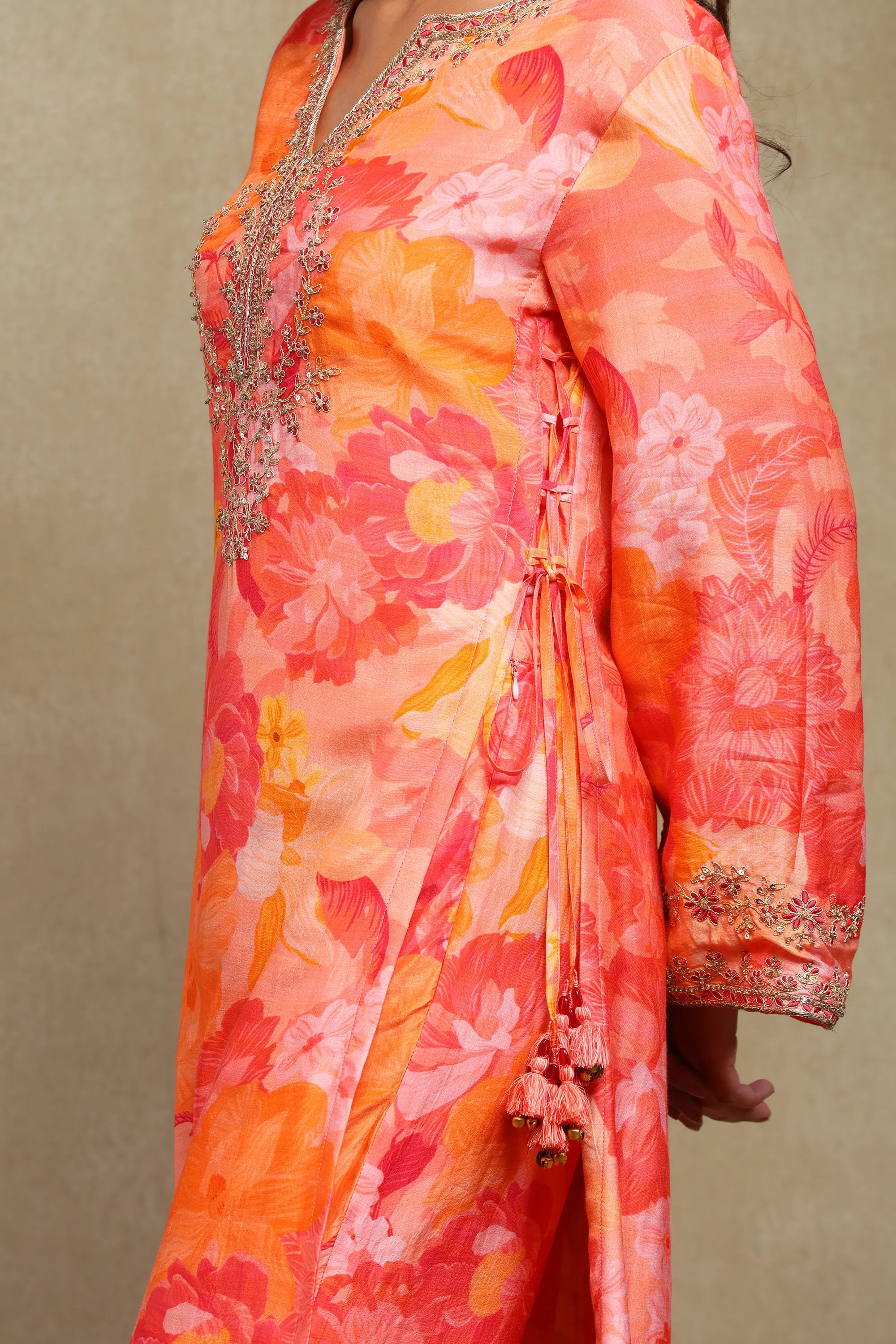Lily Red & Orange Floral Printed Hand Embroidered Silky Modal Kaftan Set