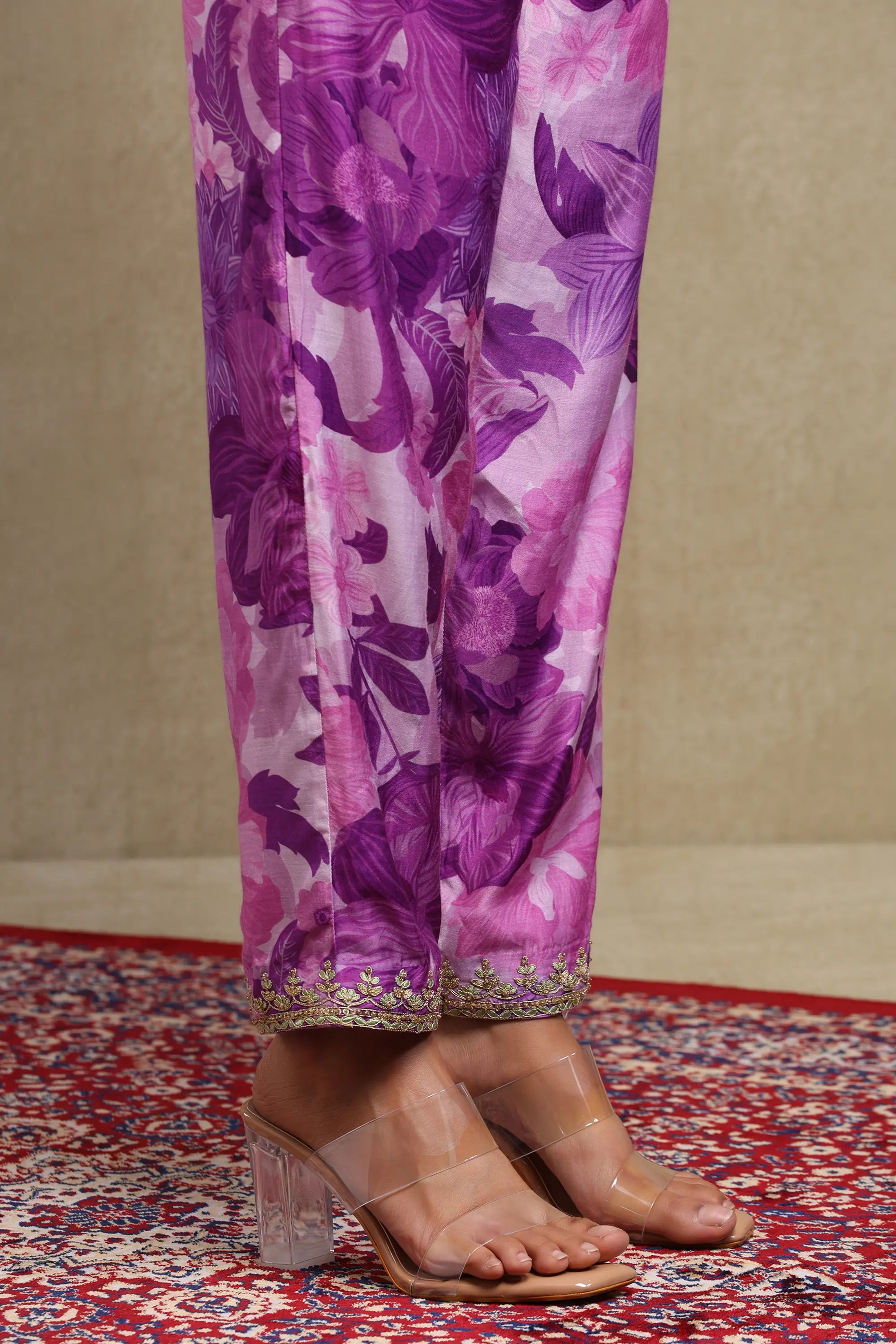 Lily Lilac Floral Printed Hand Embroidered Silky Modal Kaftan Set